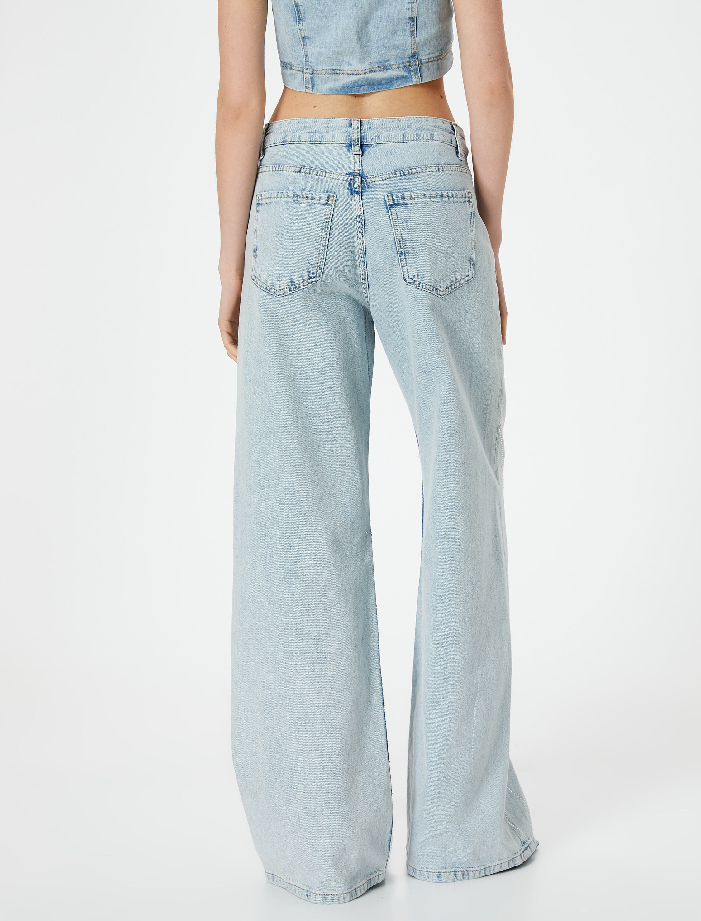   Taşlı Geniş Paça Kot Pantolon Baklava Desenli Cepli - Bianca Wide Leg Jeans