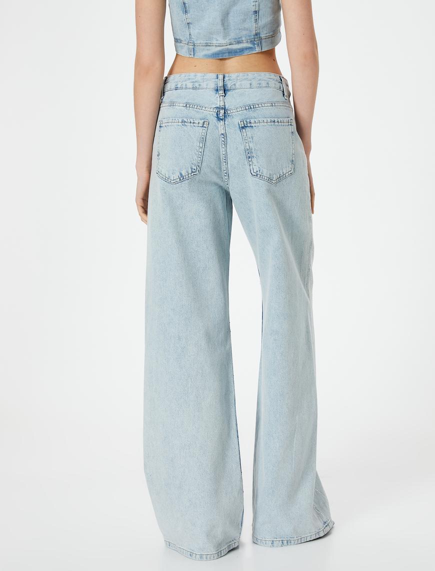   Taşlı Geniş Paça Kot Pantolon Baklava Desenli Cepli - Bianca Wide Leg Jeans