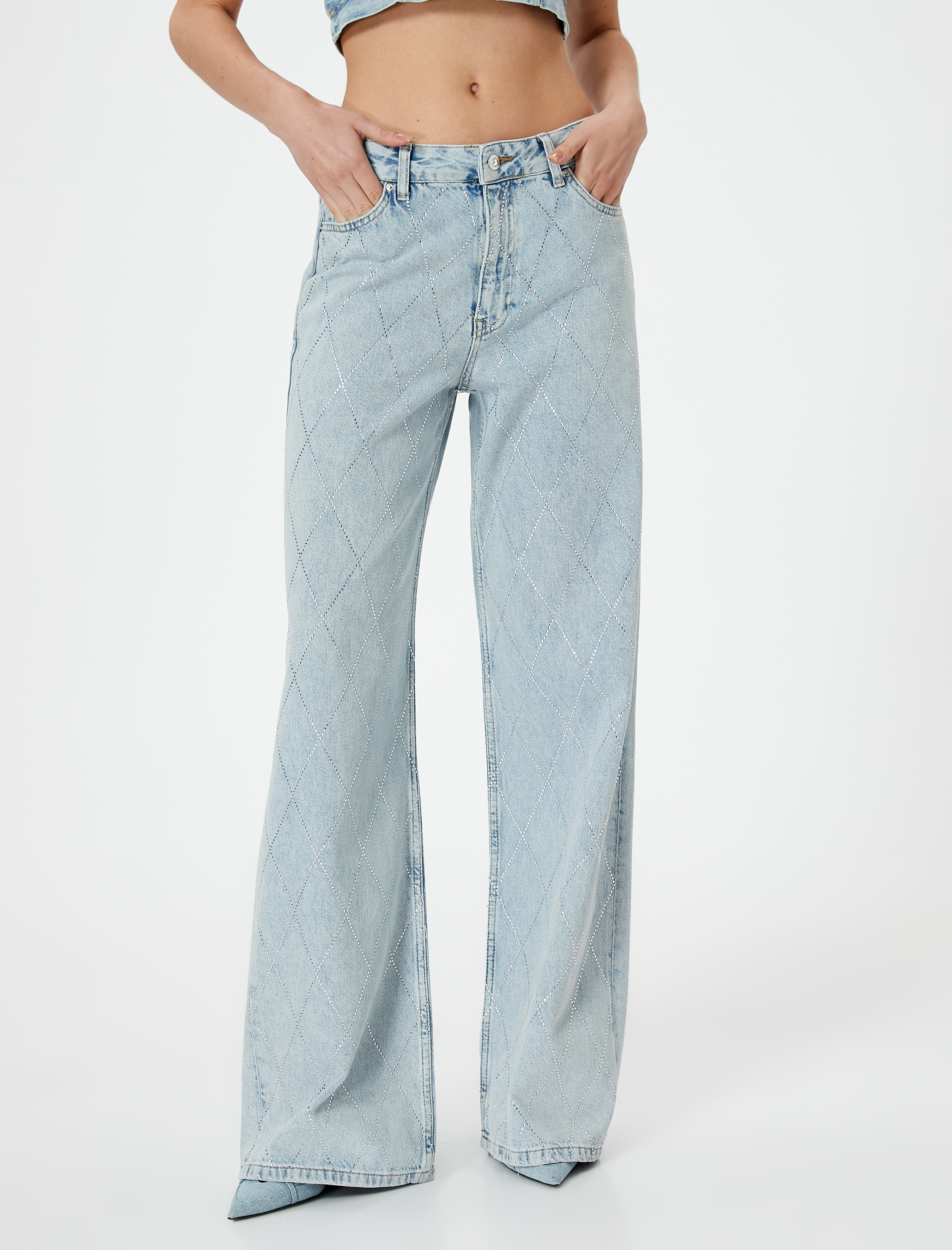   Taşlı Geniş Paça Kot Pantolon Baklava Desenli Cepli - Bianca Wide Leg Jeans