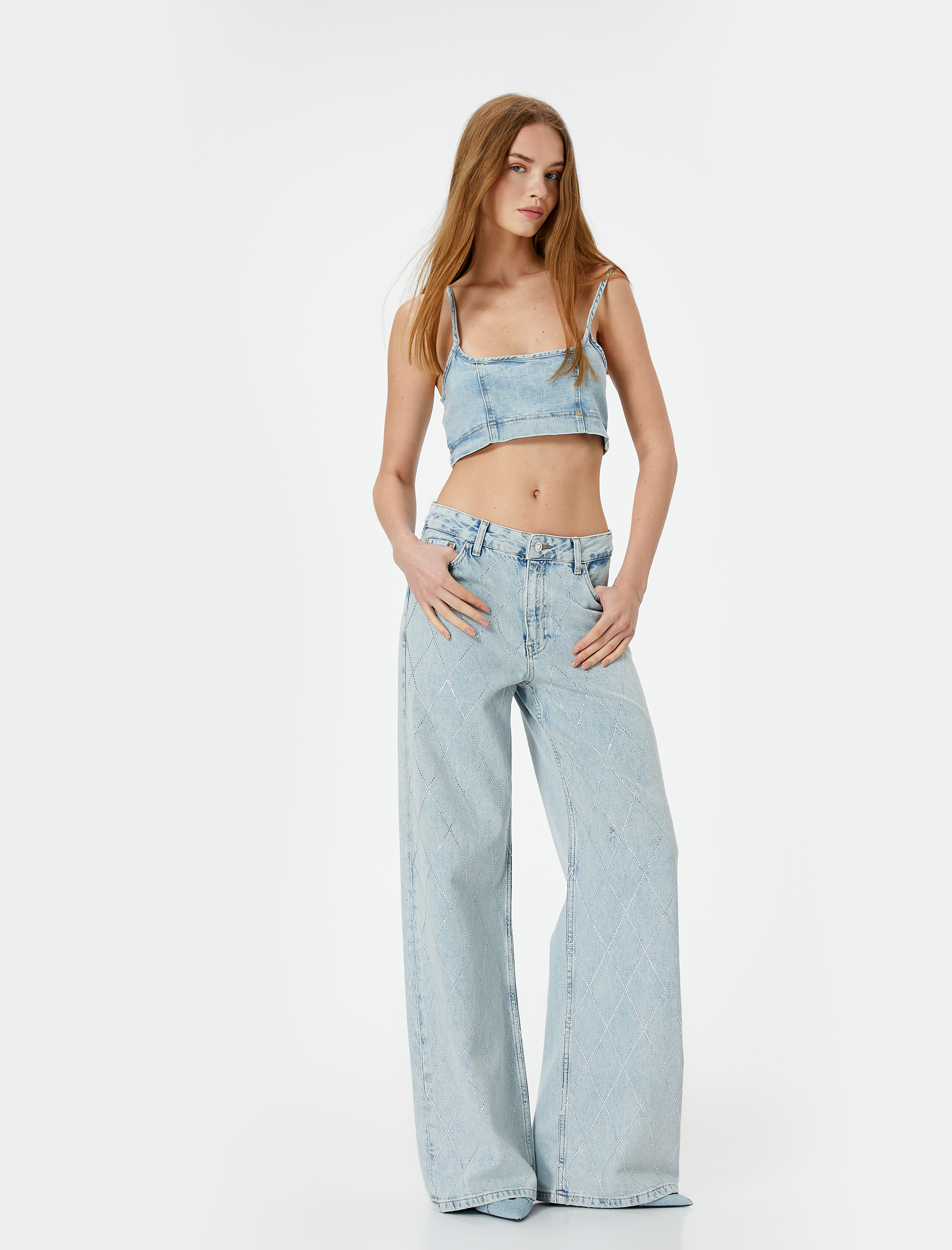   Taşlı Geniş Paça Kot Pantolon Baklava Desenli Cepli - Bianca Wide Leg Jeans