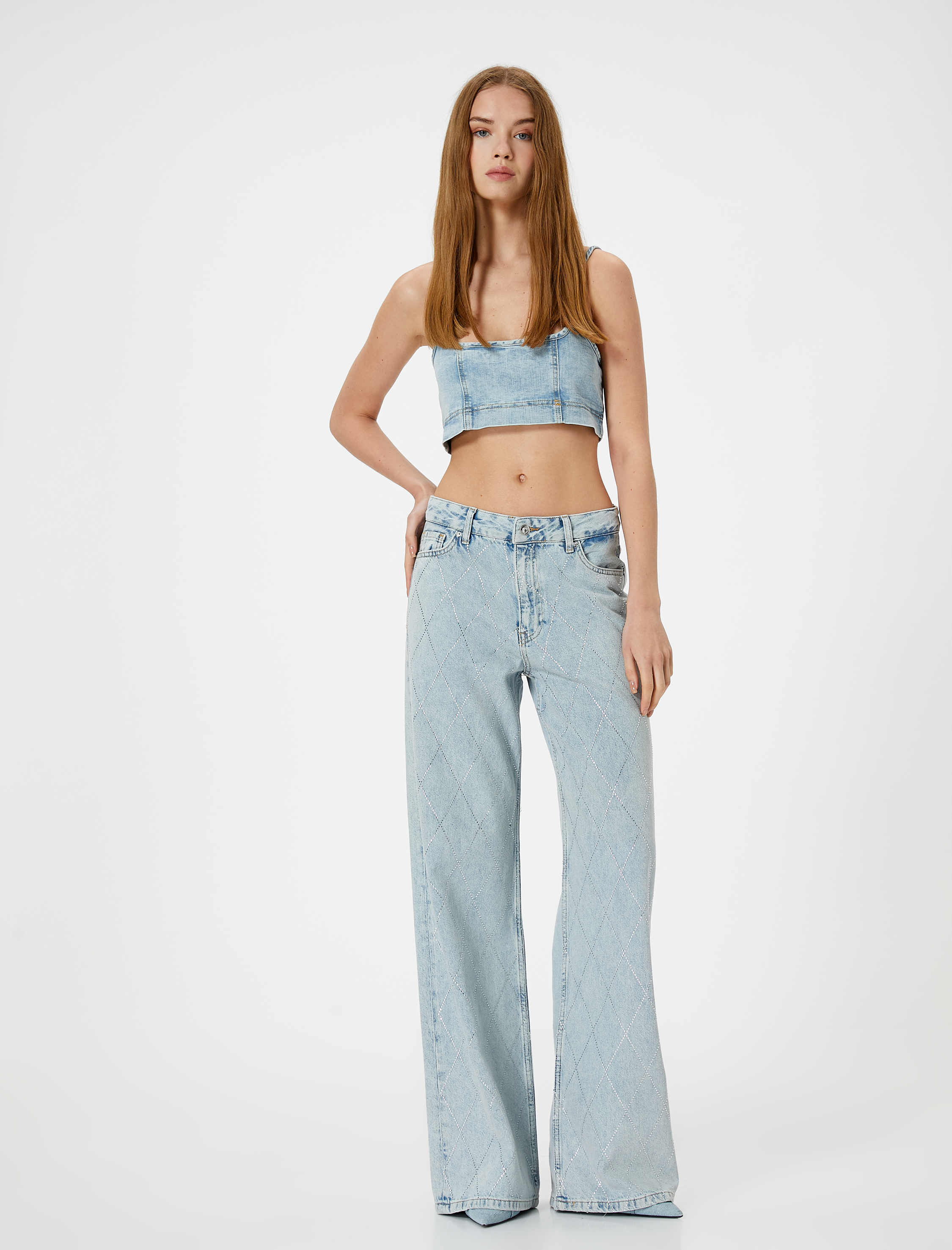   Taşlı Geniş Paça Kot Pantolon Baklava Desenli Cepli - Bianca Wide Leg Jeans
