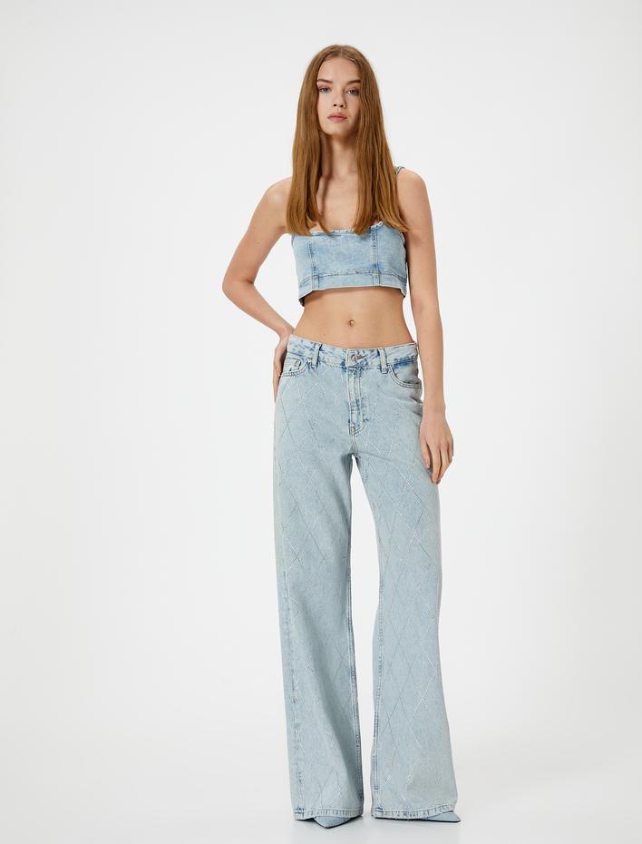  Taşlı Geniş Paça Kot Pantolon Baklava Desenli Cepli - Bianca Wide Leg Jeans
