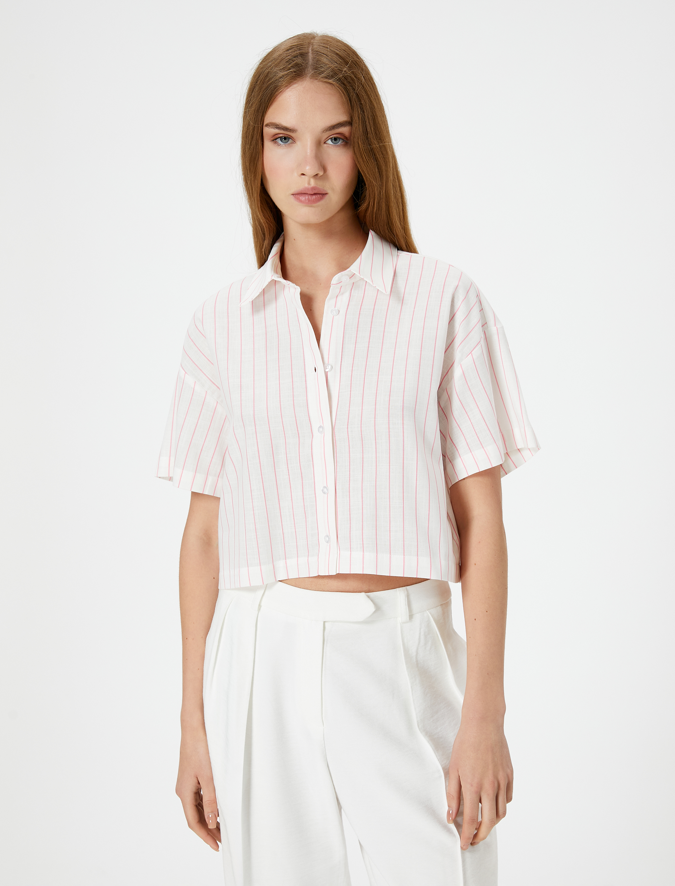   Crop Çizgili Gömlek Kısa Kollu Klasik Yaka Pamuklu
