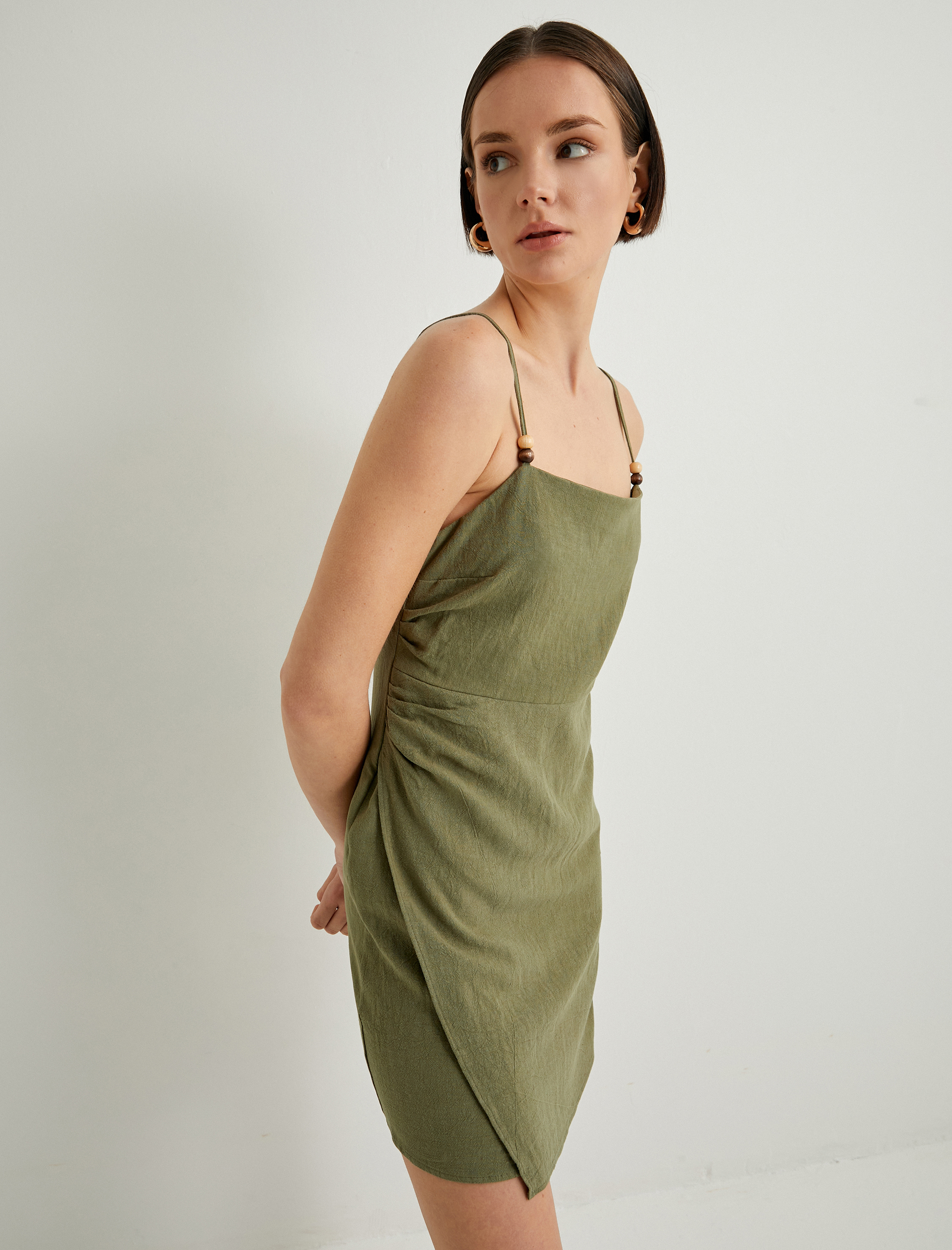   Keten Karışımlı Elbise Mini İnce Askılı Boncuklu