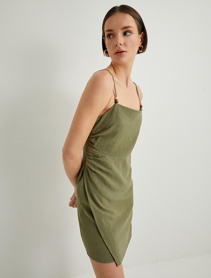  Keten Karışımlı Elbise Mini İnce Askılı Boncuklu
