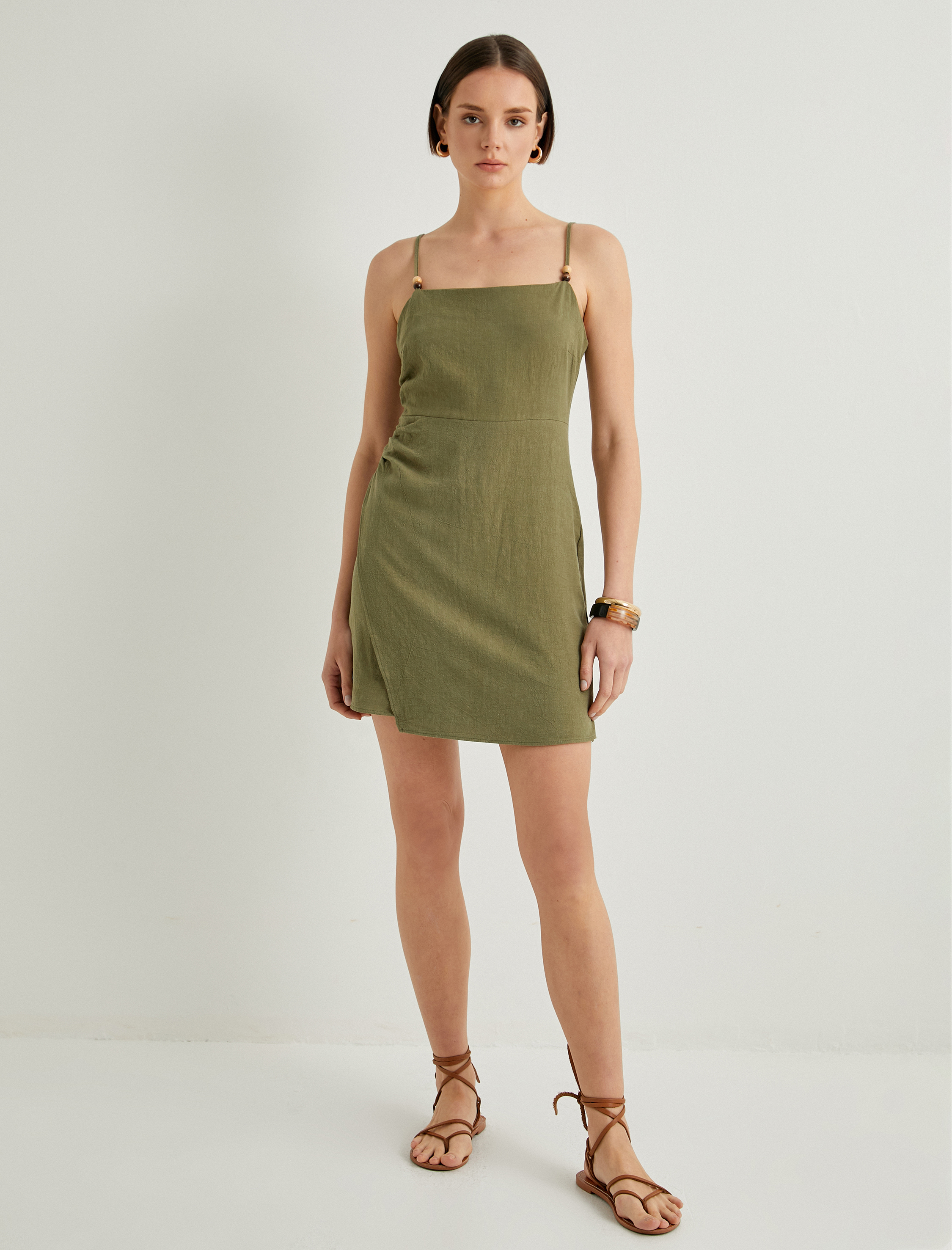   Keten Karışımlı Elbise Mini İnce Askılı Boncuklu