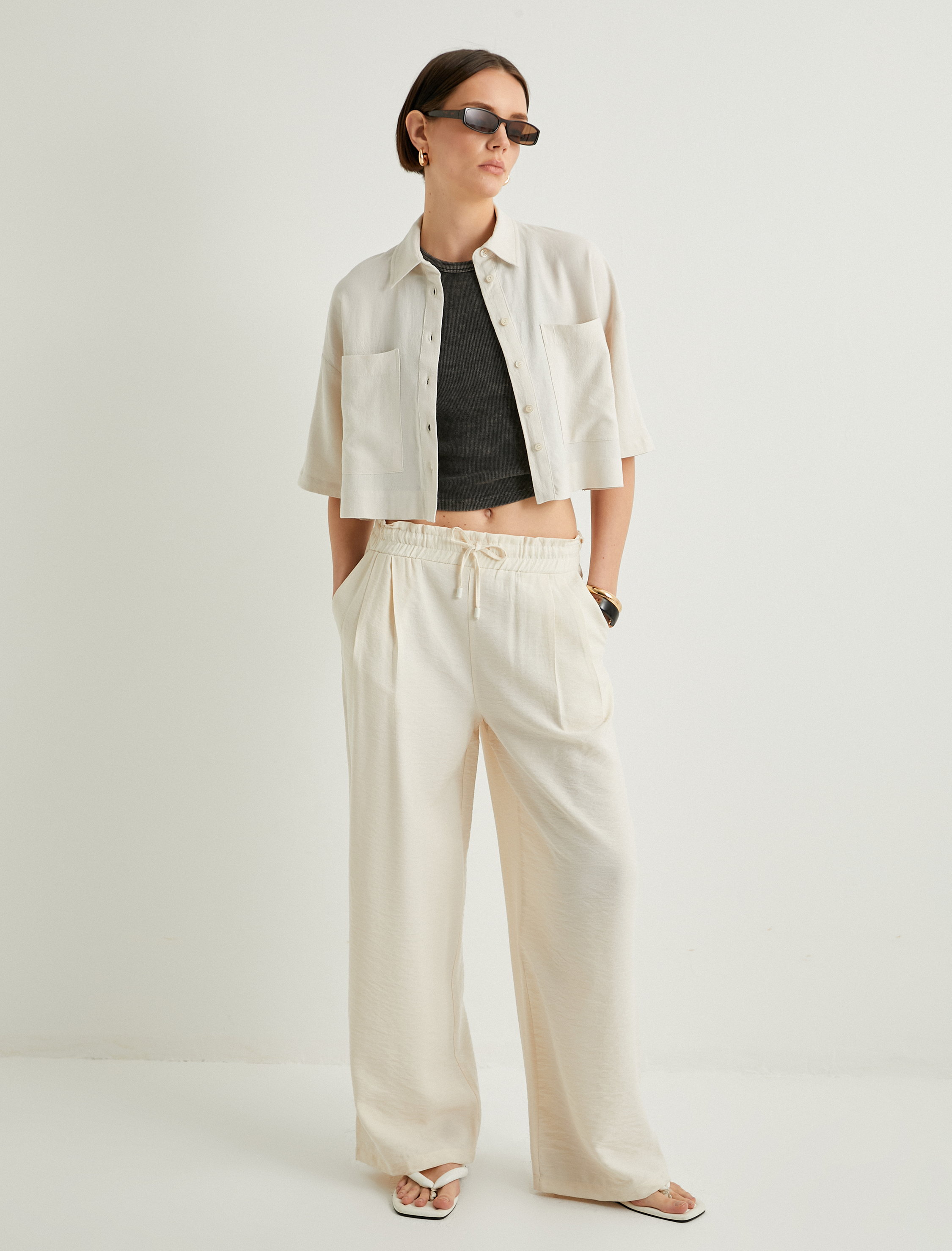   Bol Paça Pantolon Beli Bağcıklı Cepli Viskon