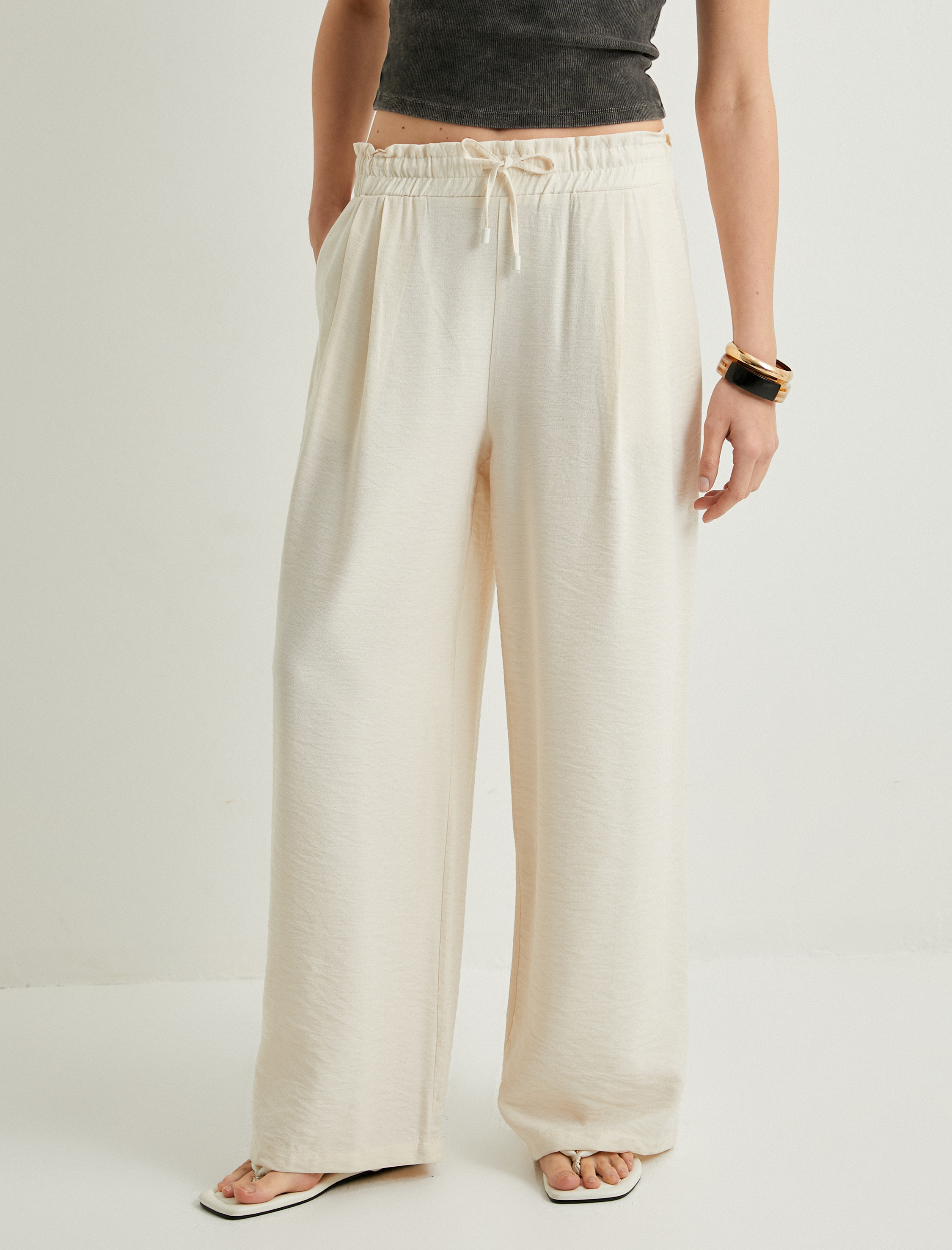   Bol Paça Pantolon Beli Bağcıklı Cepli Viskon