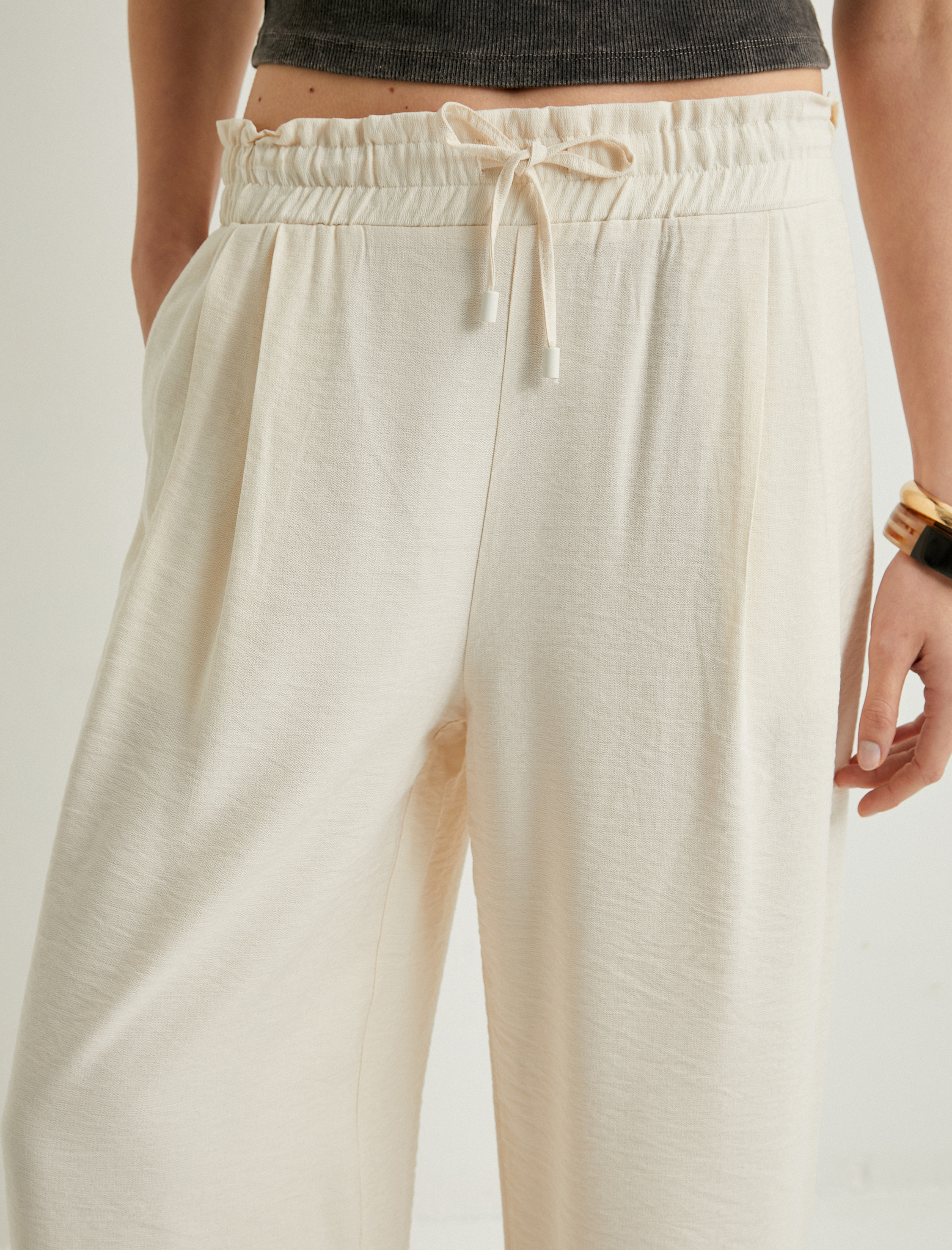   Bol Paça Pantolon Beli Bağcıklı Cepli Viskon