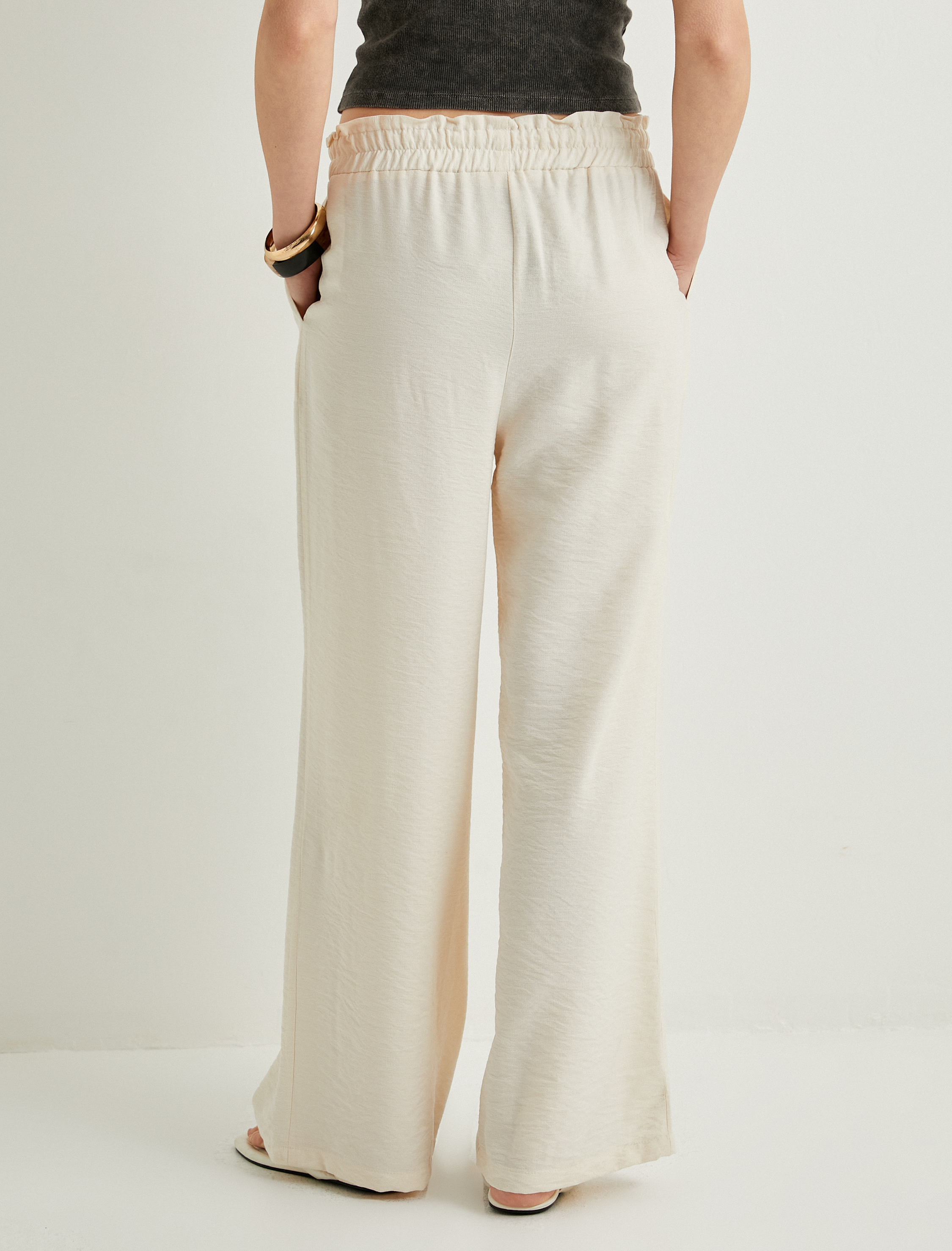   Bol Paça Pantolon Beli Bağcıklı Cepli Viskon