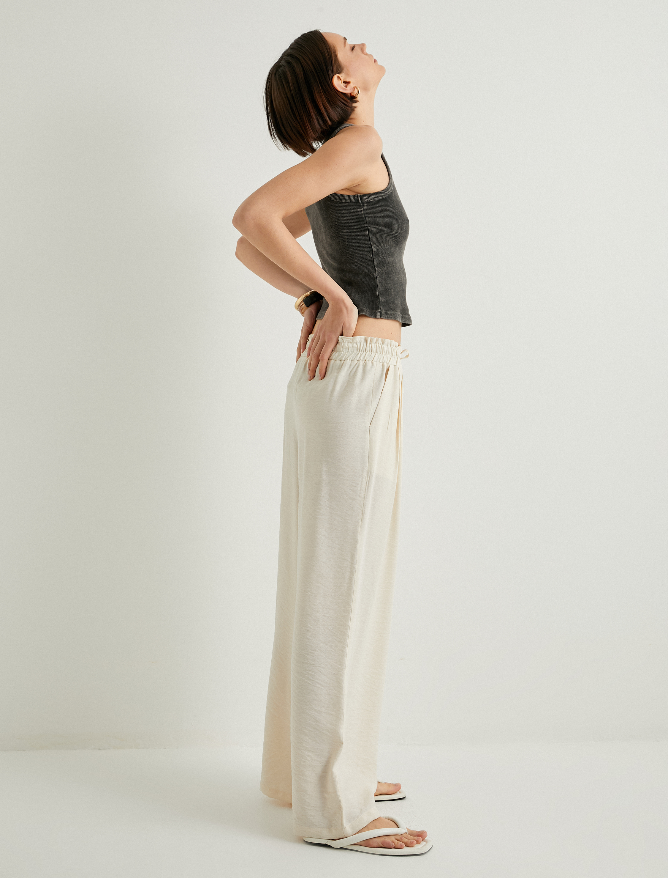   Bol Paça Pantolon Beli Bağcıklı Cepli Viskon