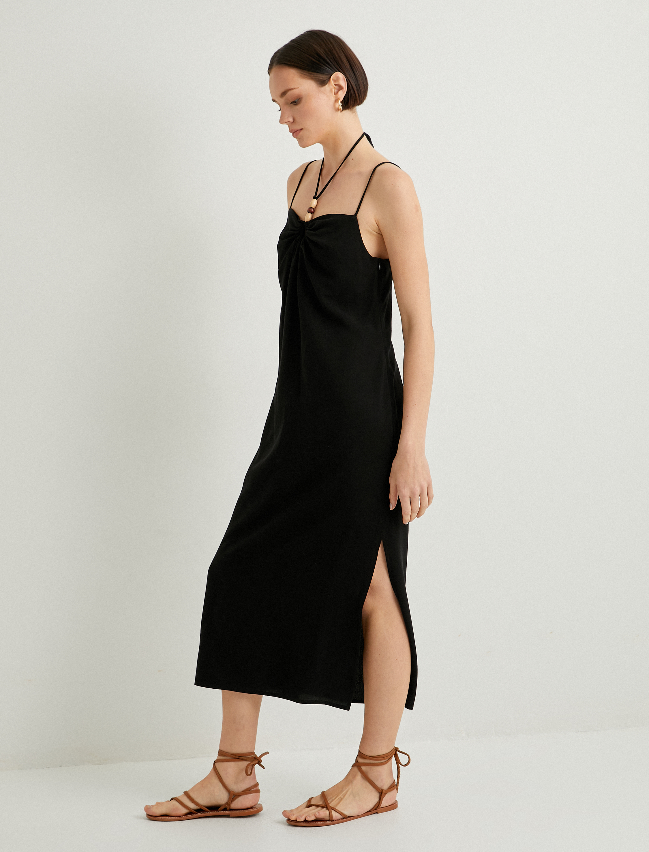 Keten Karışımlı Elbise Midi Boy Askılı Boncuk Detaylı Slim Fit