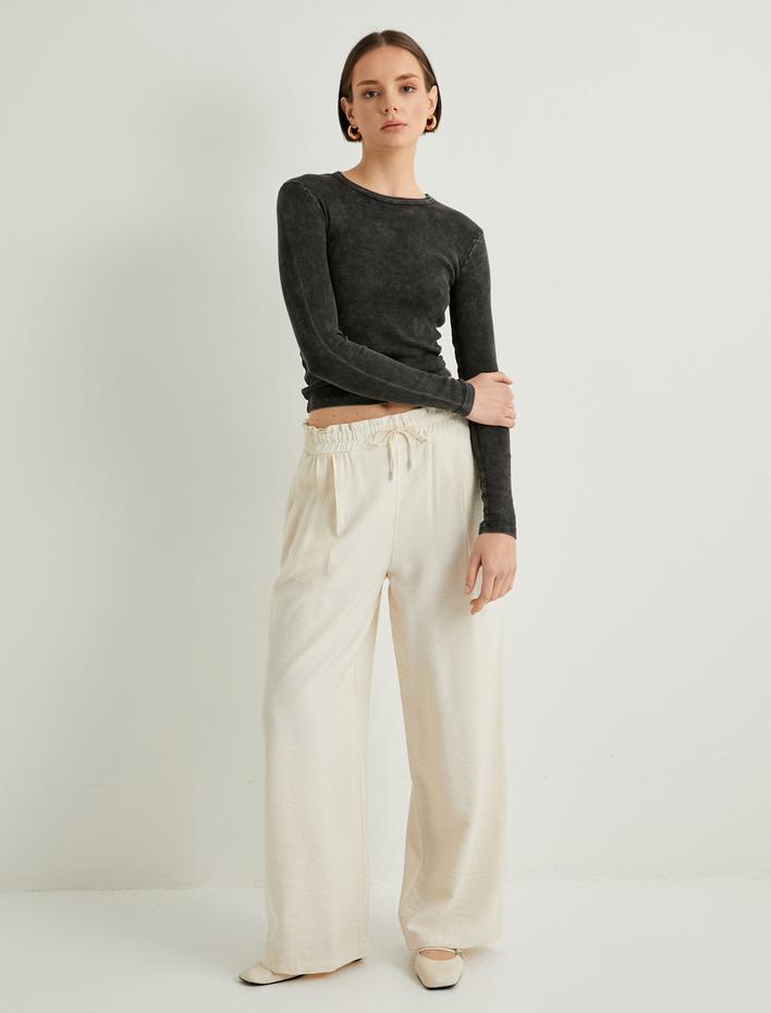  Uzun Kollu Tişört Bisiklet Yaka Fitilli Soluk Efektili Pamuklu