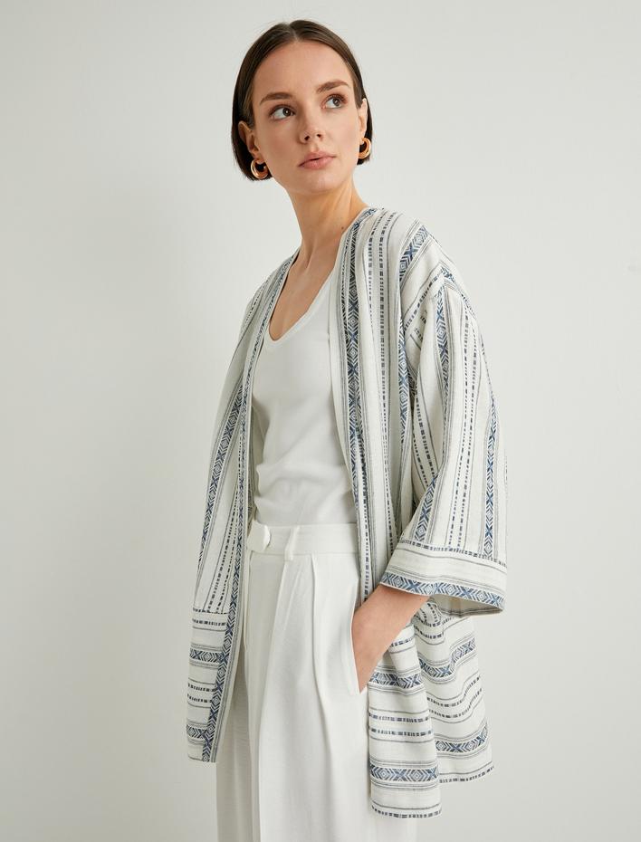  Kimono Geniş Yarım Kollu Cepli Keten Karışımlı