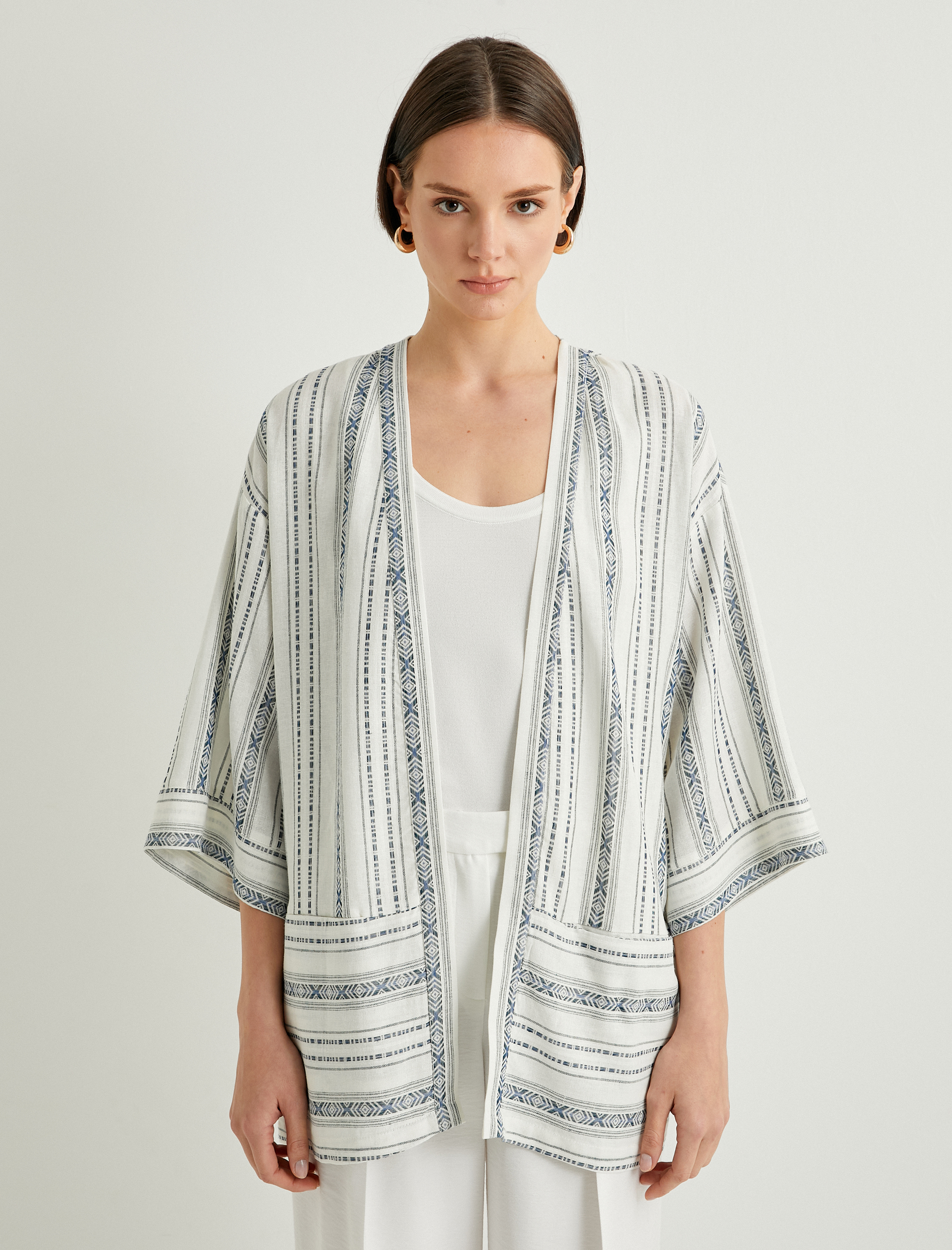   Kimono Geniş Yarım Kollu Cepli Keten Karışımlı