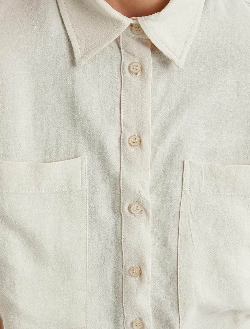   Crop Oversize Gömlek Viskon Keten Karışımlı Düğmeli Kısa Kollu Cepli