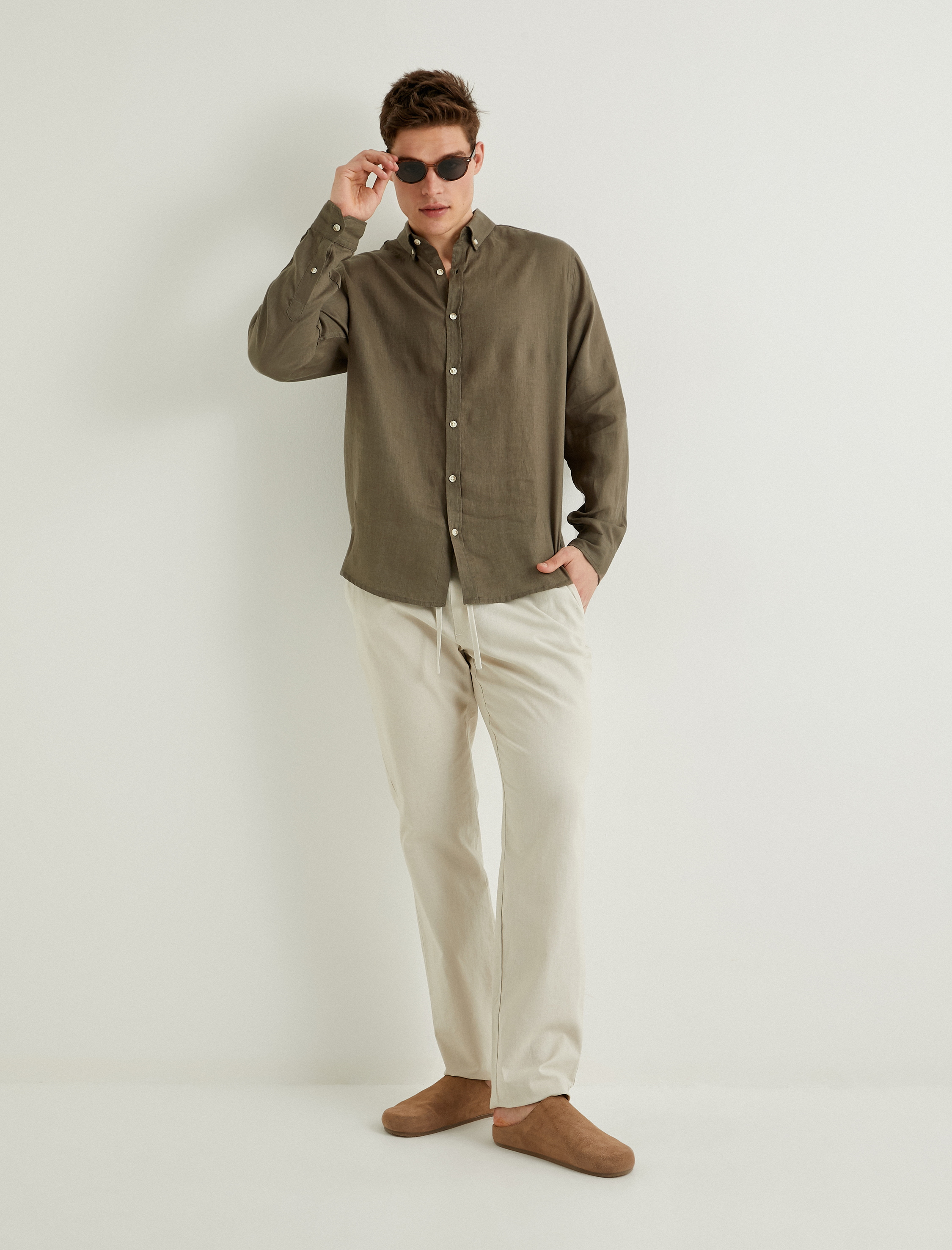   Keten Gömlek Klasik Yaka Uzun Kollu Düğmeli Regular Fit