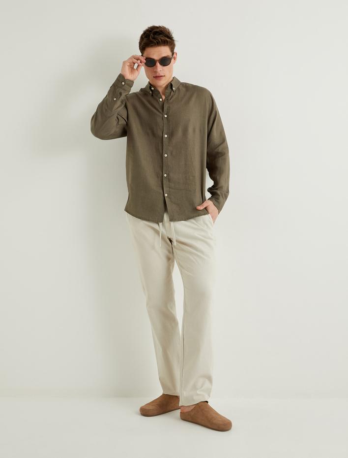  Keten Gömlek Klasik Yaka Uzun Kollu Düğmeli Regular Fit
