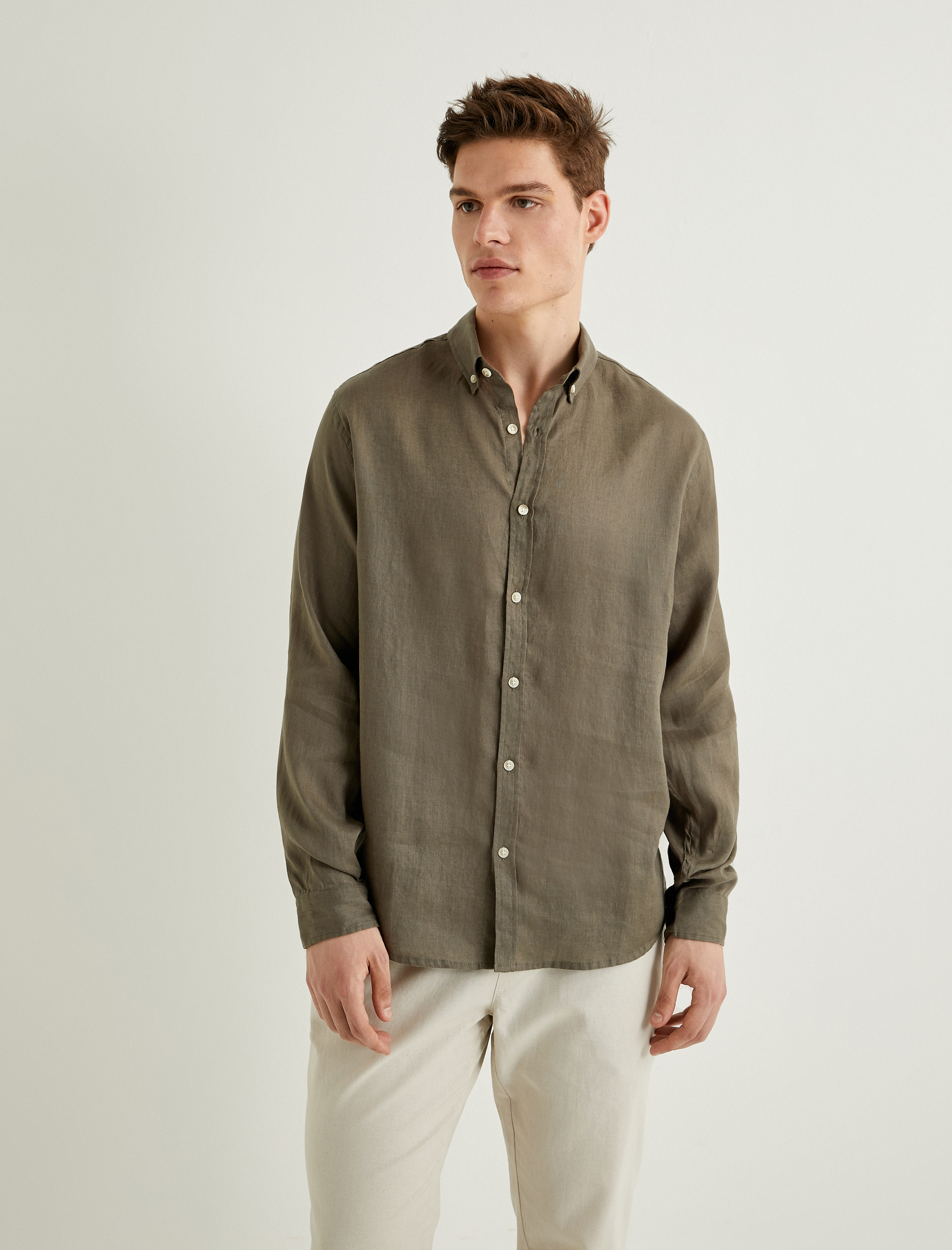   Keten Gömlek Klasik Yaka Uzun Kollu Düğmeli Regular Fit