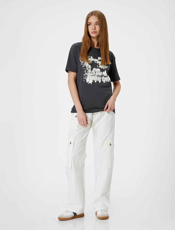  Baskılı Tişört Kısa Kollu Bisiklet Yaka Rahat Kalıp Pamuklu