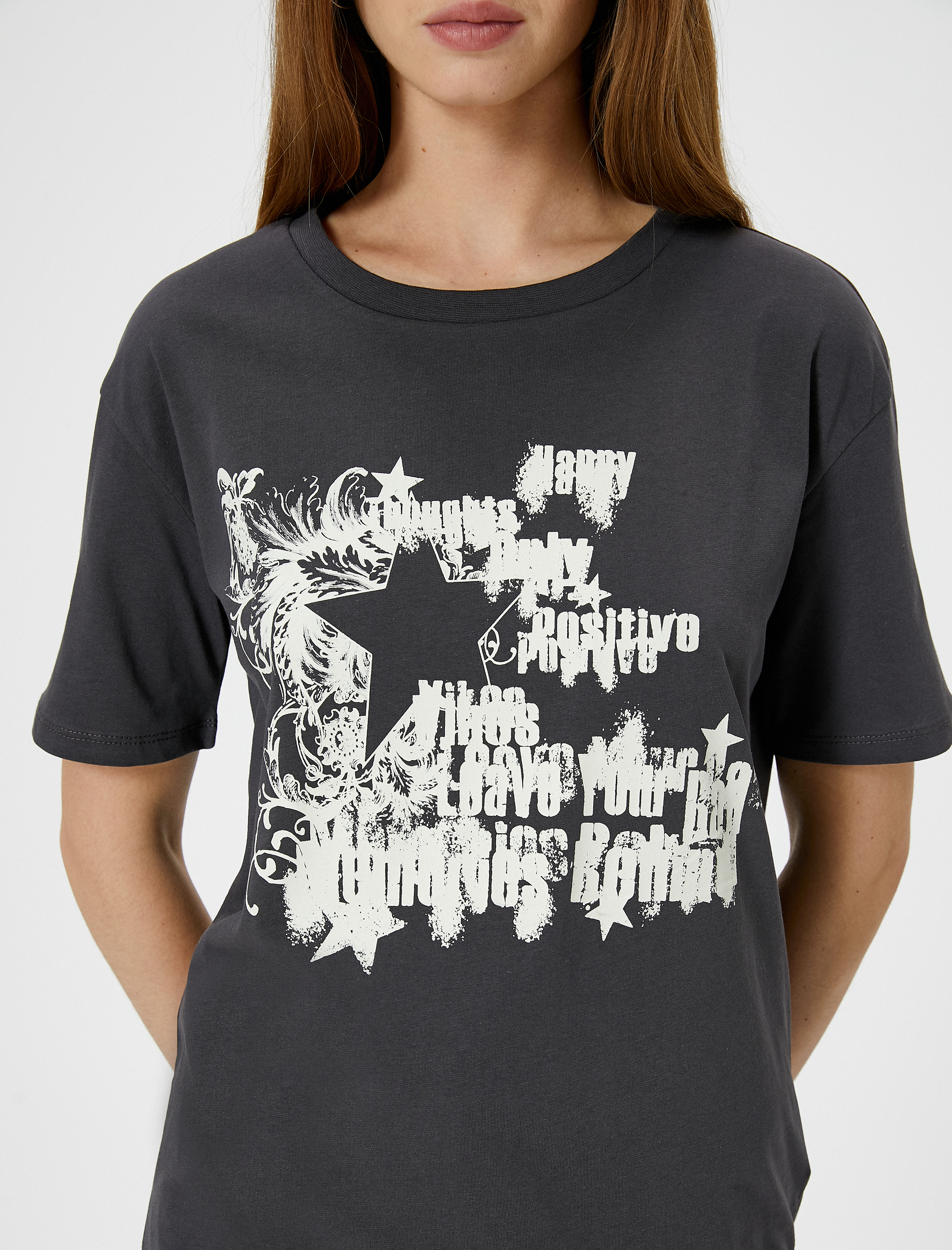   Baskılı Tişört Kısa Kollu Bisiklet Yaka Rahat Kalıp Pamuklu