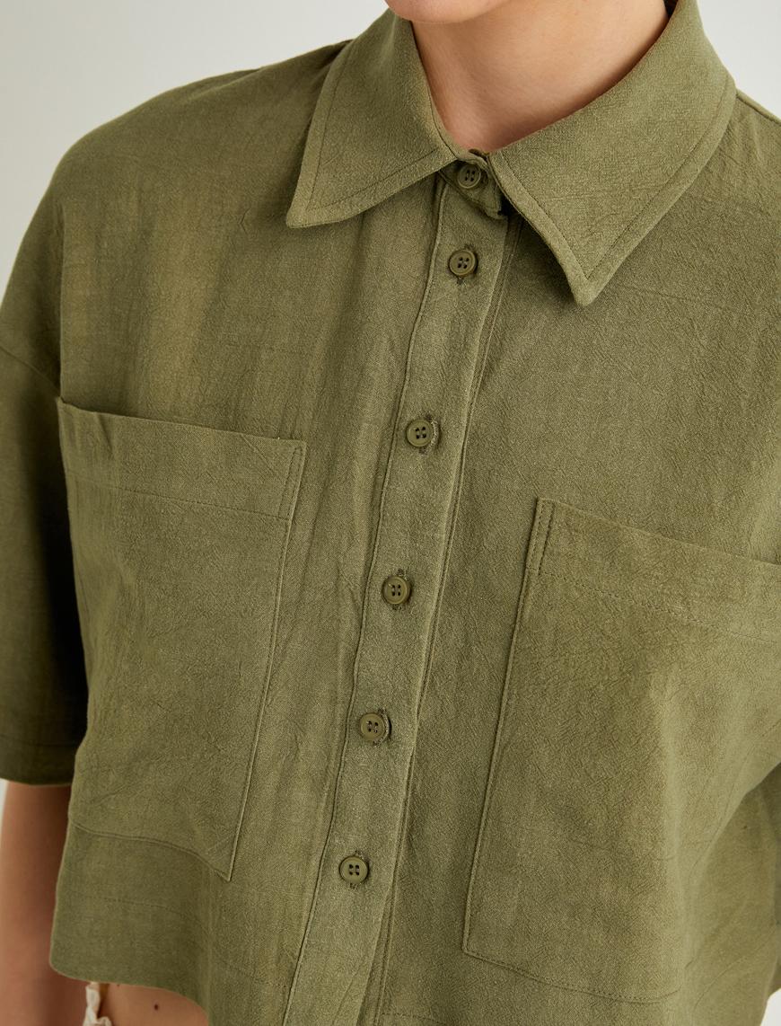   Crop Oversize Gömlek Viskon Keten Karışımlı Düğmeli Kısa Kollu Cepli