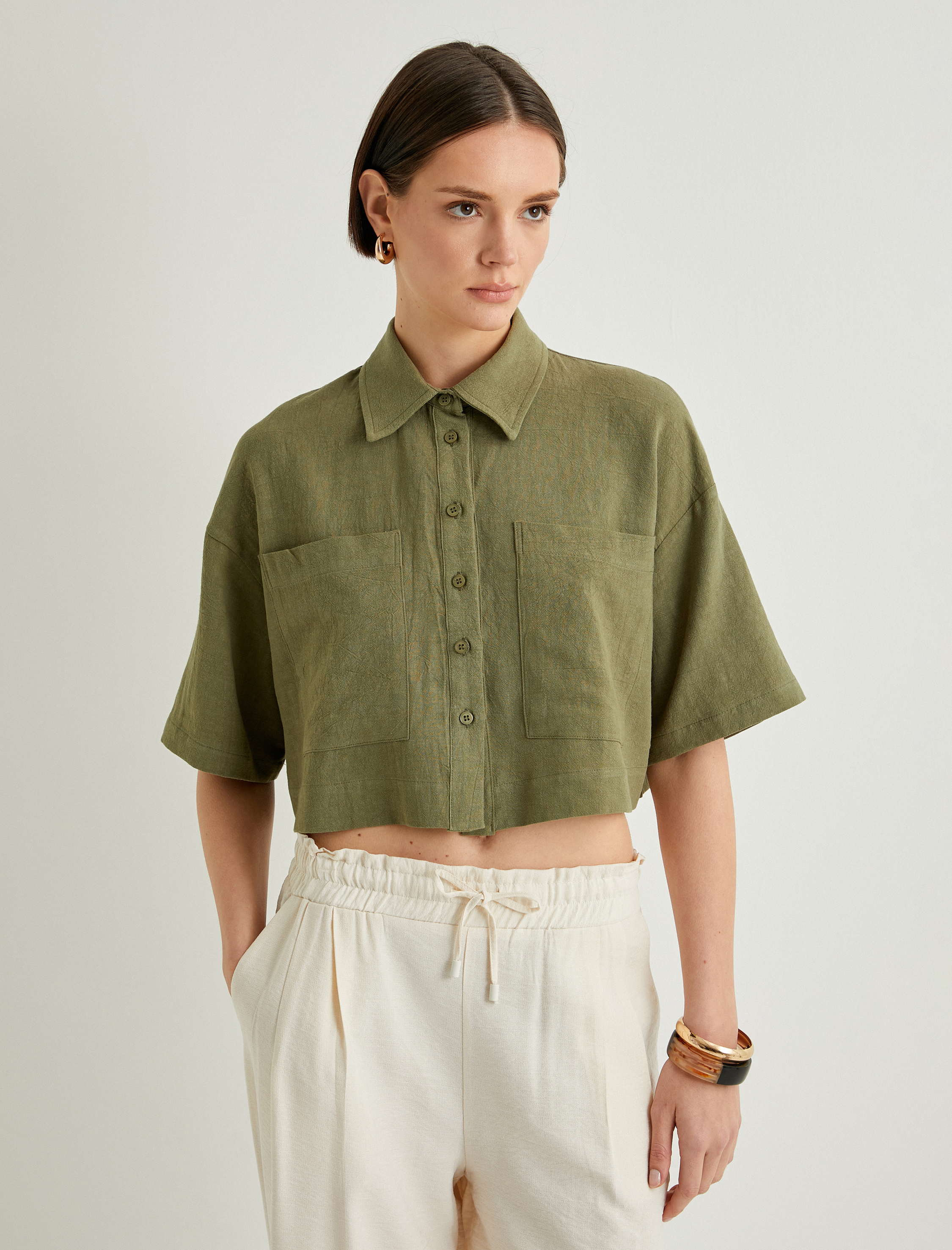   Crop Oversize Gömlek Viskon Keten Karışımlı Düğmeli Kısa Kollu Cepli
