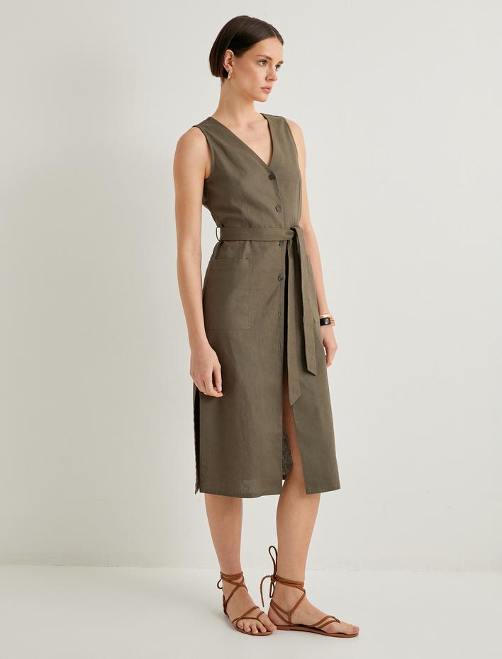  Midi Gömlek Elbise Beli Kuşaklı Düğmeli Keten Karışımlı V Yaka