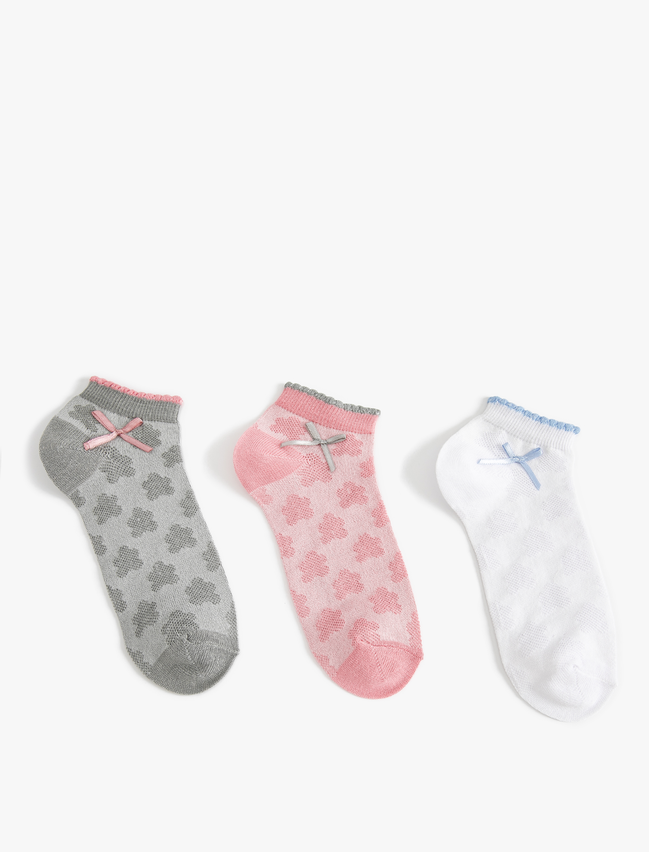  Kız Çocuk 3'lü Patik Çorap Seti Dokulu Fiyonklu Çok Renkli Pamuklu