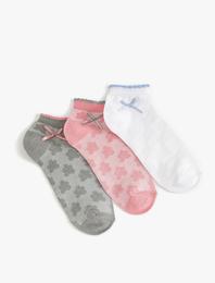 3'lü Patik Çorap Seti Dokulu Fiyonklu Çok Renkli Pamuklu