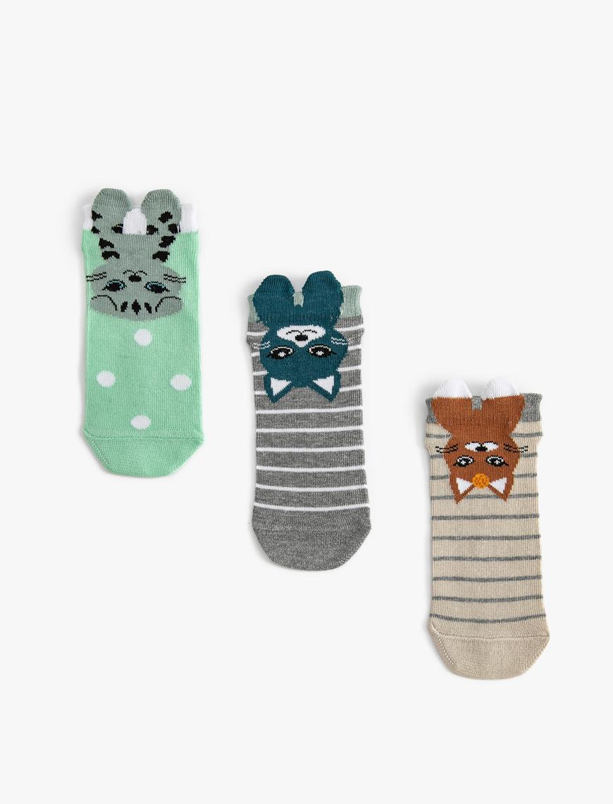  Kız Çocuk 3'lü Patik Çorap Seti Hayvan Detaylı Çok Renkli Pamuklu