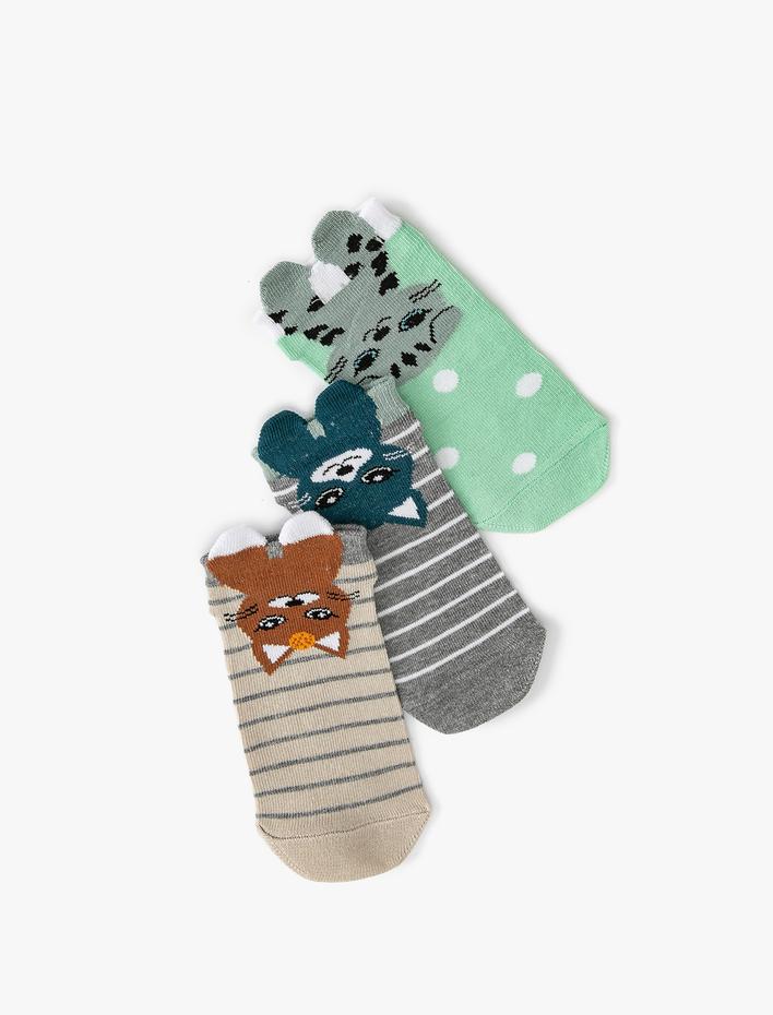 Kız Çocuk 3'lü Patik Çorap Seti Hayvan Detaylı Çok Renkli Pamuklu