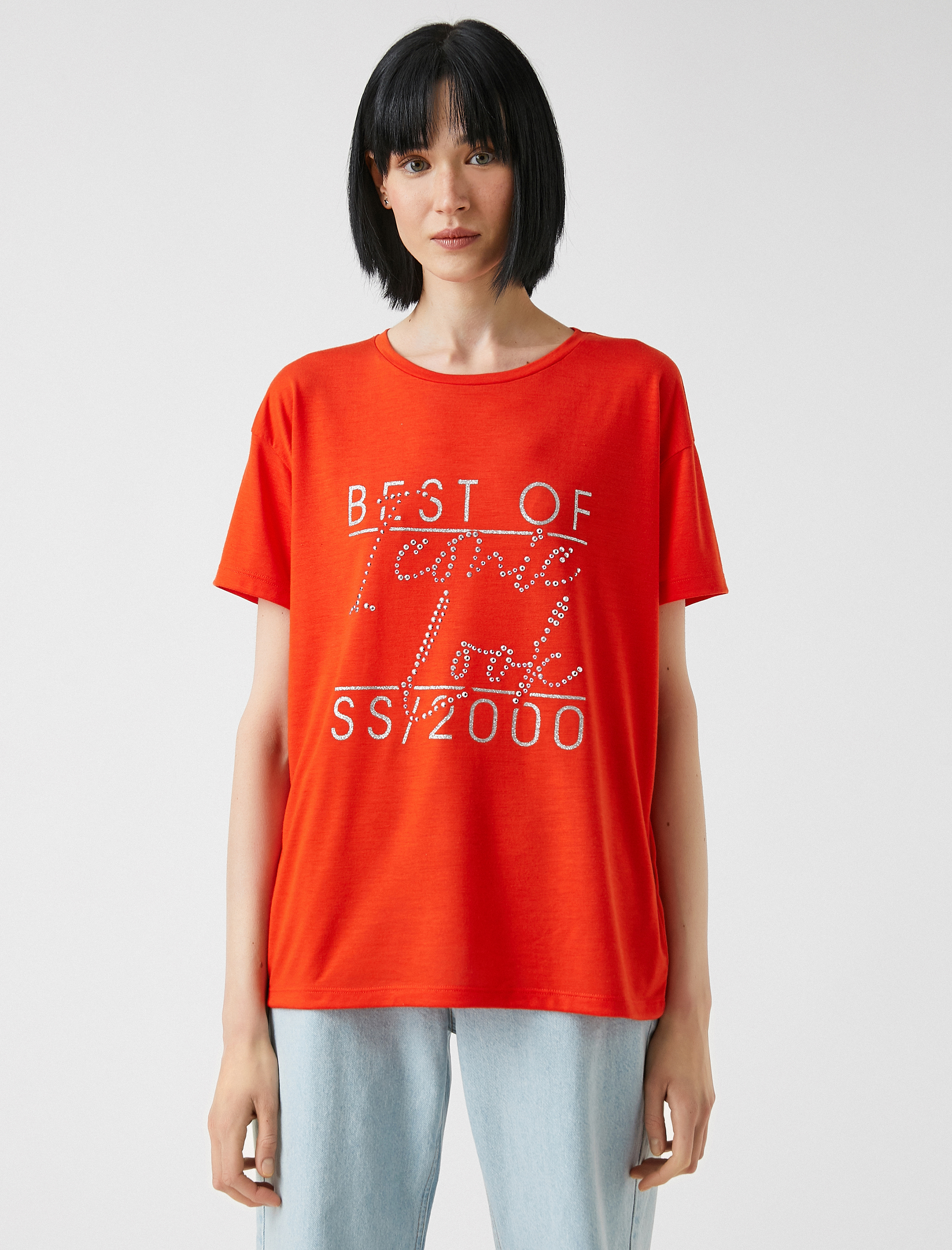   Baskılı Pullu Tişört Bisiklet Yaka