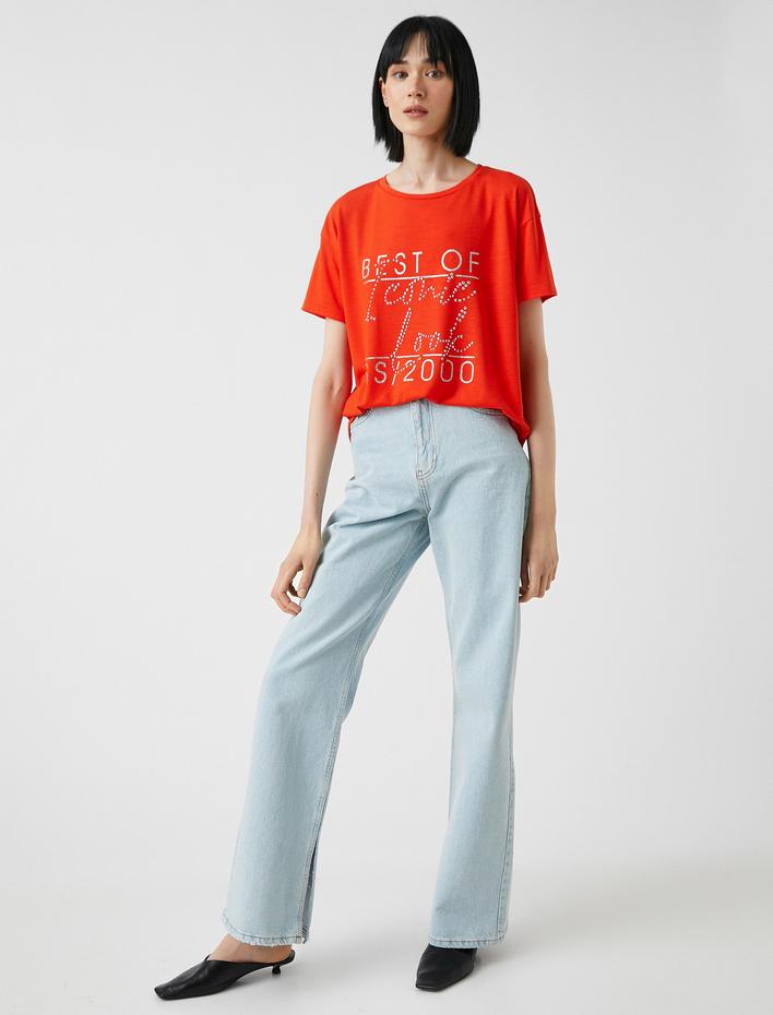  Baskılı Pullu Tişört Bisiklet Yaka