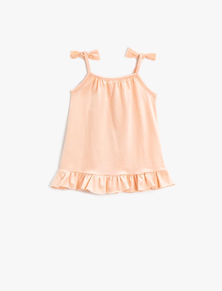 Kız Bebek Baskılı Üst Askılı Fiyonk Detaylı Fırfırlı Pamuklu