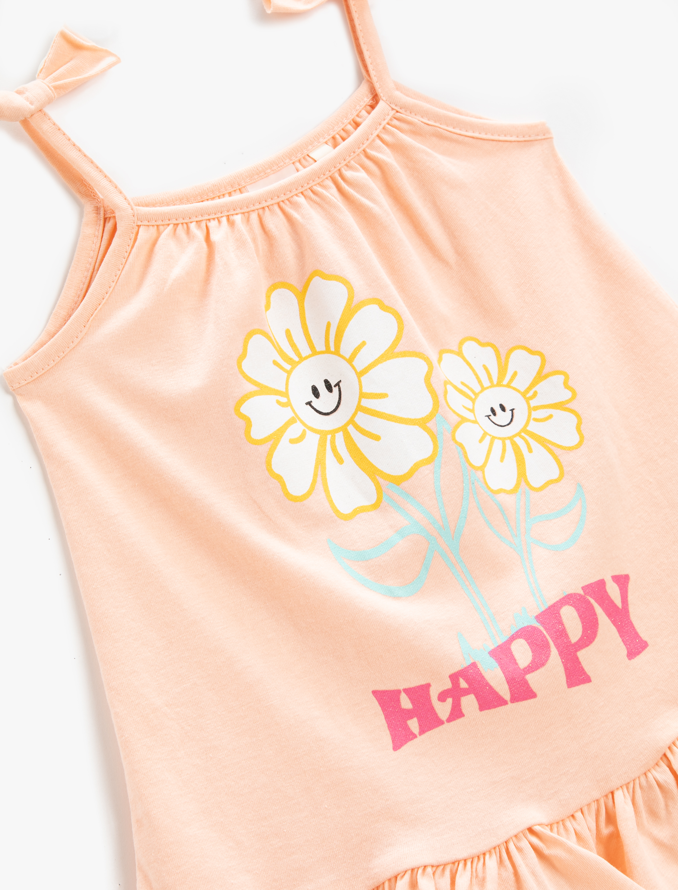  Kız Bebek Baskılı Üst Askılı Fiyonk Detaylı Fırfırlı Pamuklu