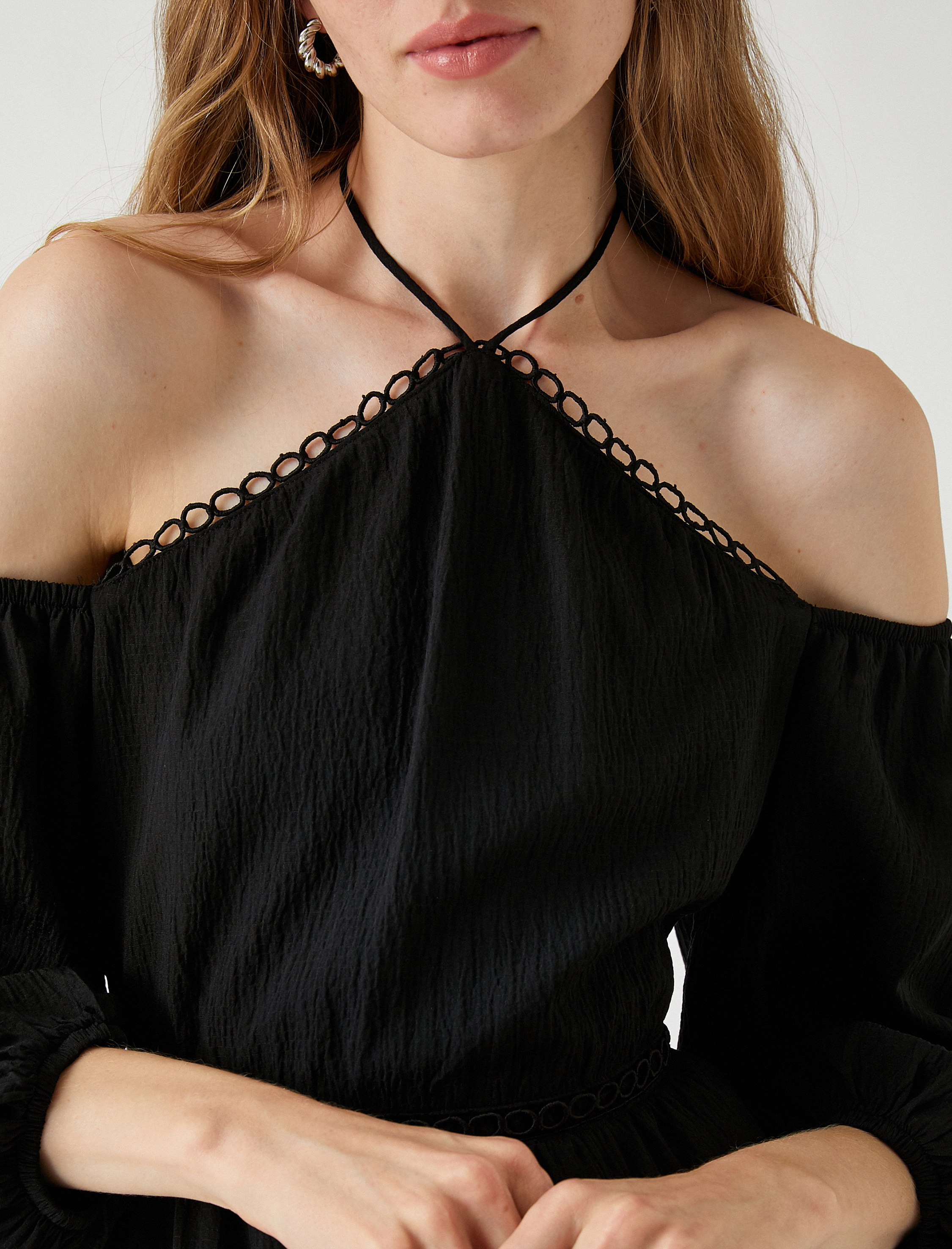   Mini Halter Yaka Elbise Balon Kollu Omzu Açık