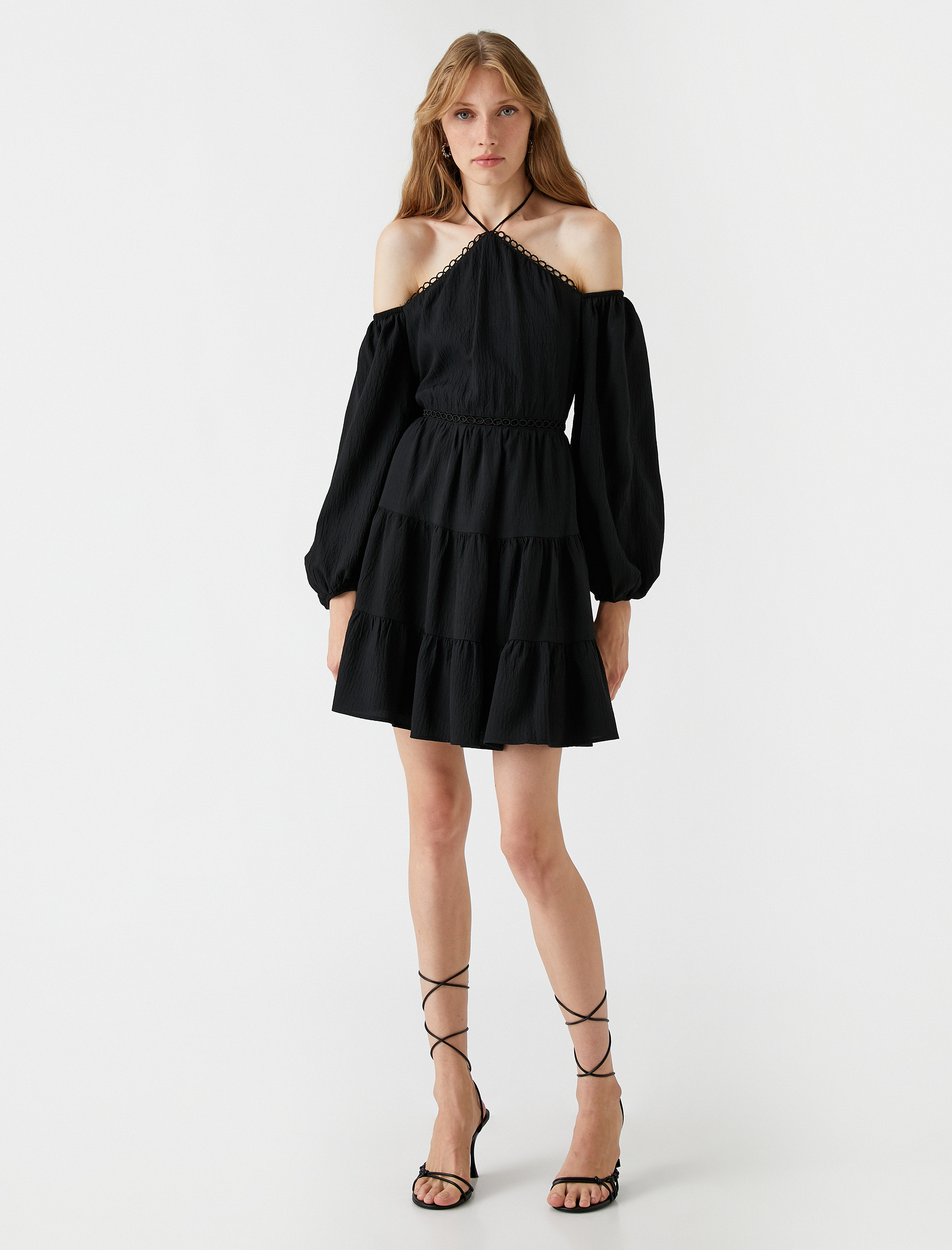   Mini Halter Yaka Elbise Balon Kollu Omzu Açık