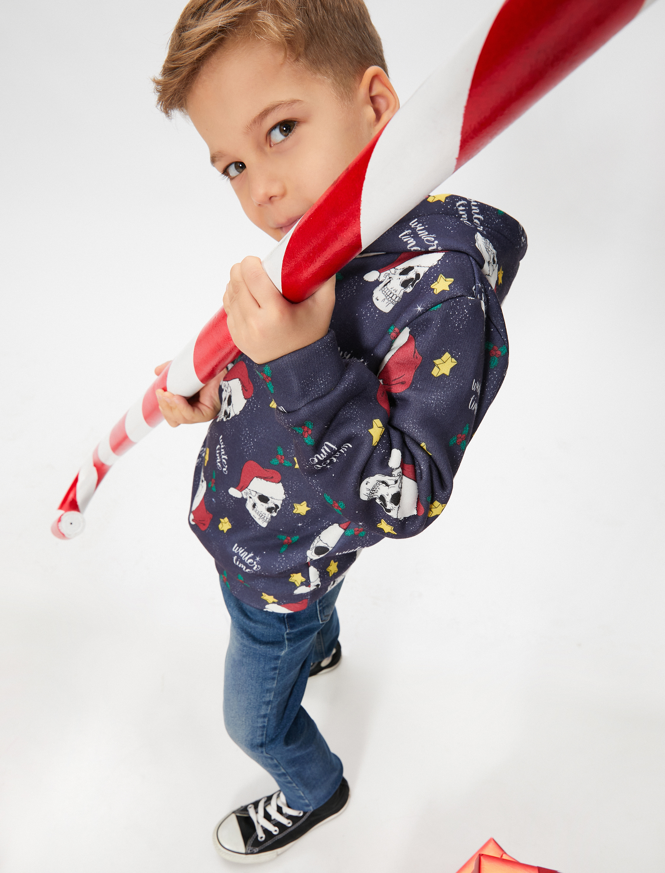  Erkek Çocuk Baskılı Kapüşonlu Sweathirt Uzun Kollu