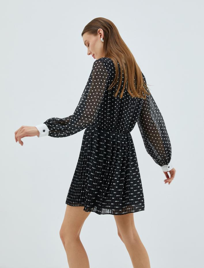  Şifon Gömlek Elbise Pileli Uzun Kollu