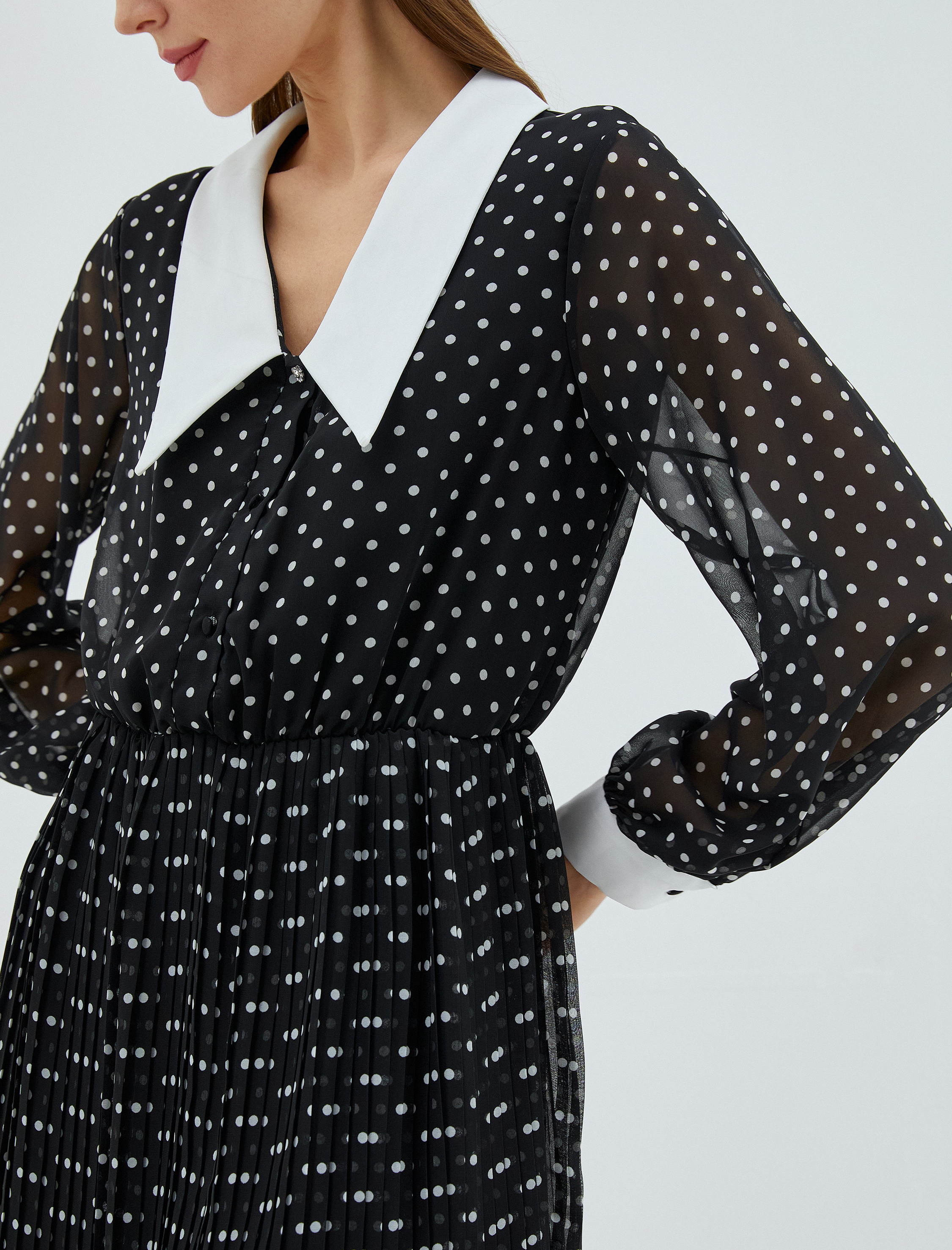   Şifon Gömlek Elbise Pileli Uzun Kollu