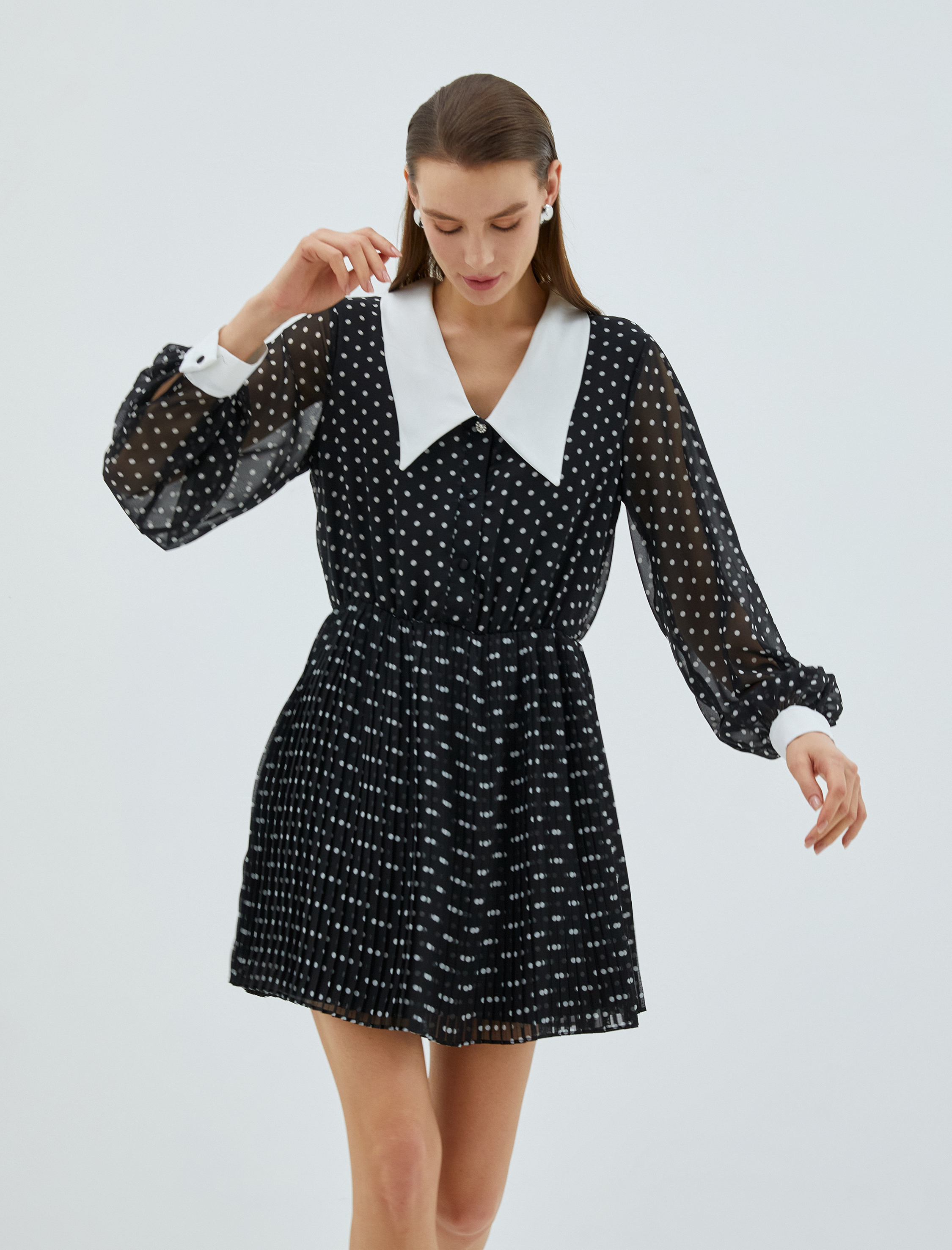   Şifon Gömlek Elbise Pileli Uzun Kollu