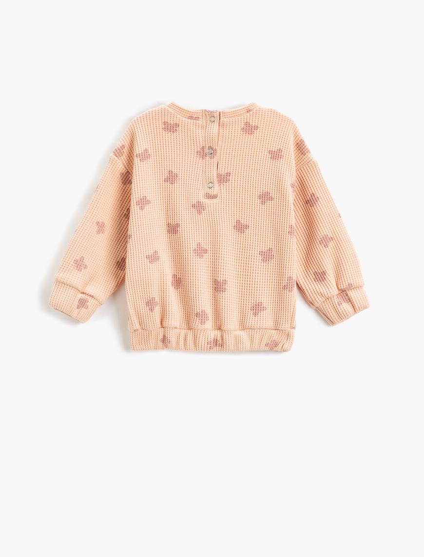  Kız Bebek Kelebek Baskılı Sweatshirt Dokulu Bisiklet Yaka Yakası Çıtçıtlı Uzun Kollu