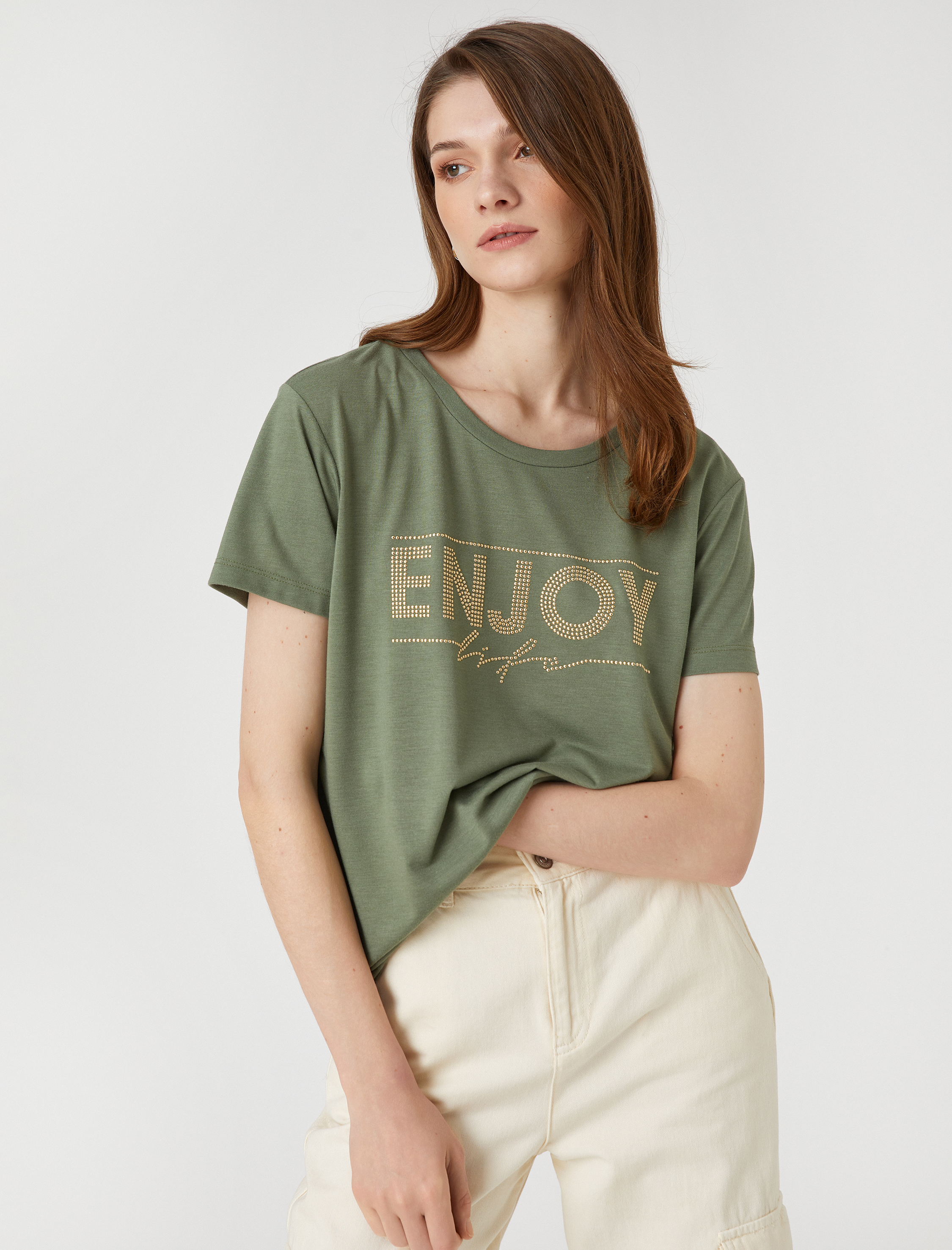   Taşlı Tişört Kısa Kollu Bisiklet Yaka