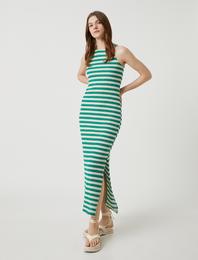 Kolsuz Uzun Elbise Bisiklet Yaka Yırtmaçlı