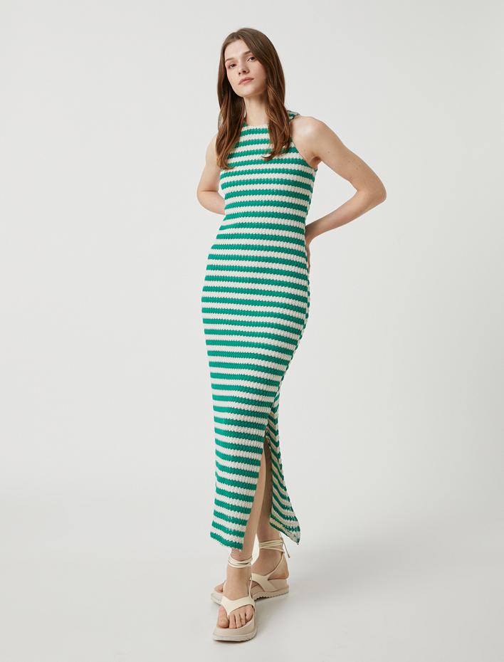  Kolsuz Uzun Elbise Bisiklet Yaka Yırtmaçlı