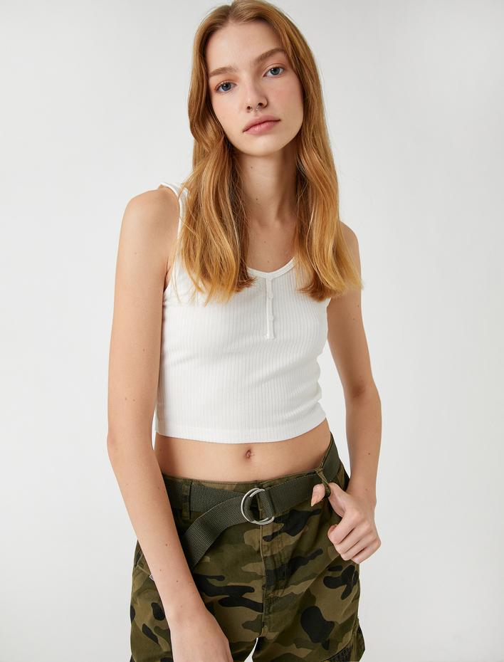  Fitilli Atlet Crop U Yaka Önü Düğmeli Fitilli