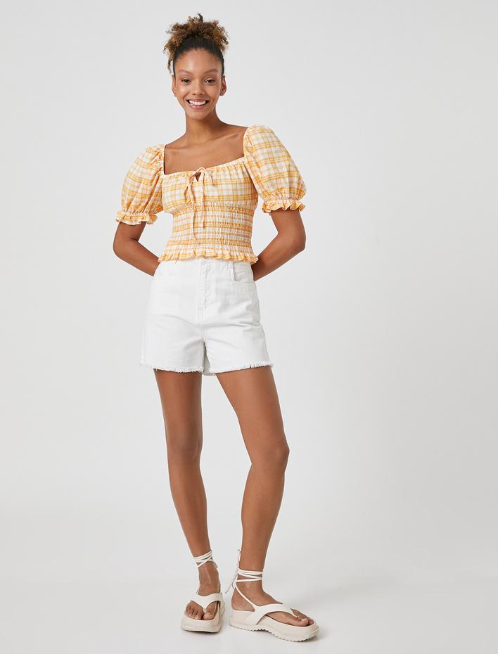  Crop Bluz Balon Kollu Gipe Detaylı Kare Yaka