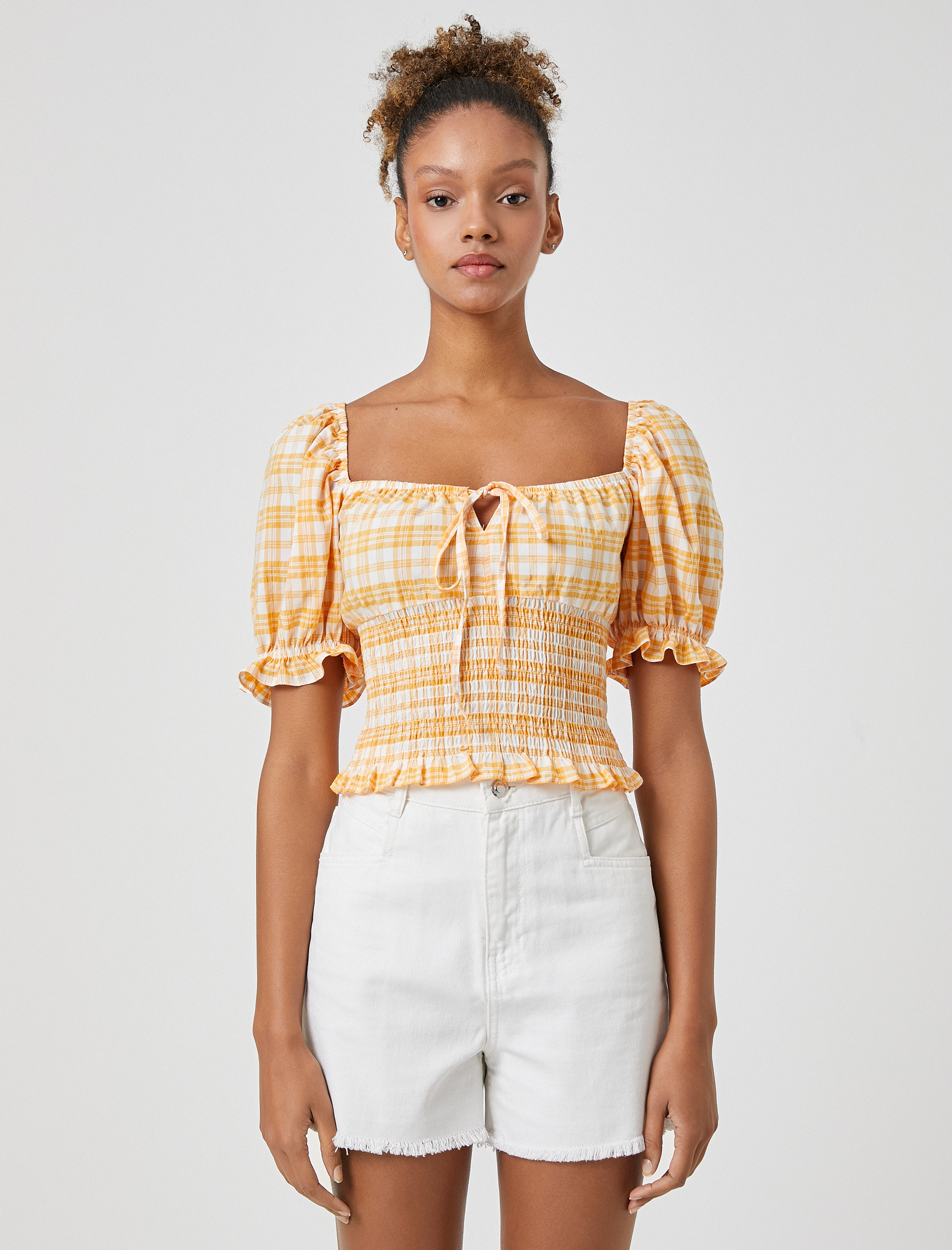   Crop Bluz Balon Kollu Gipe Detaylı Kare Yaka