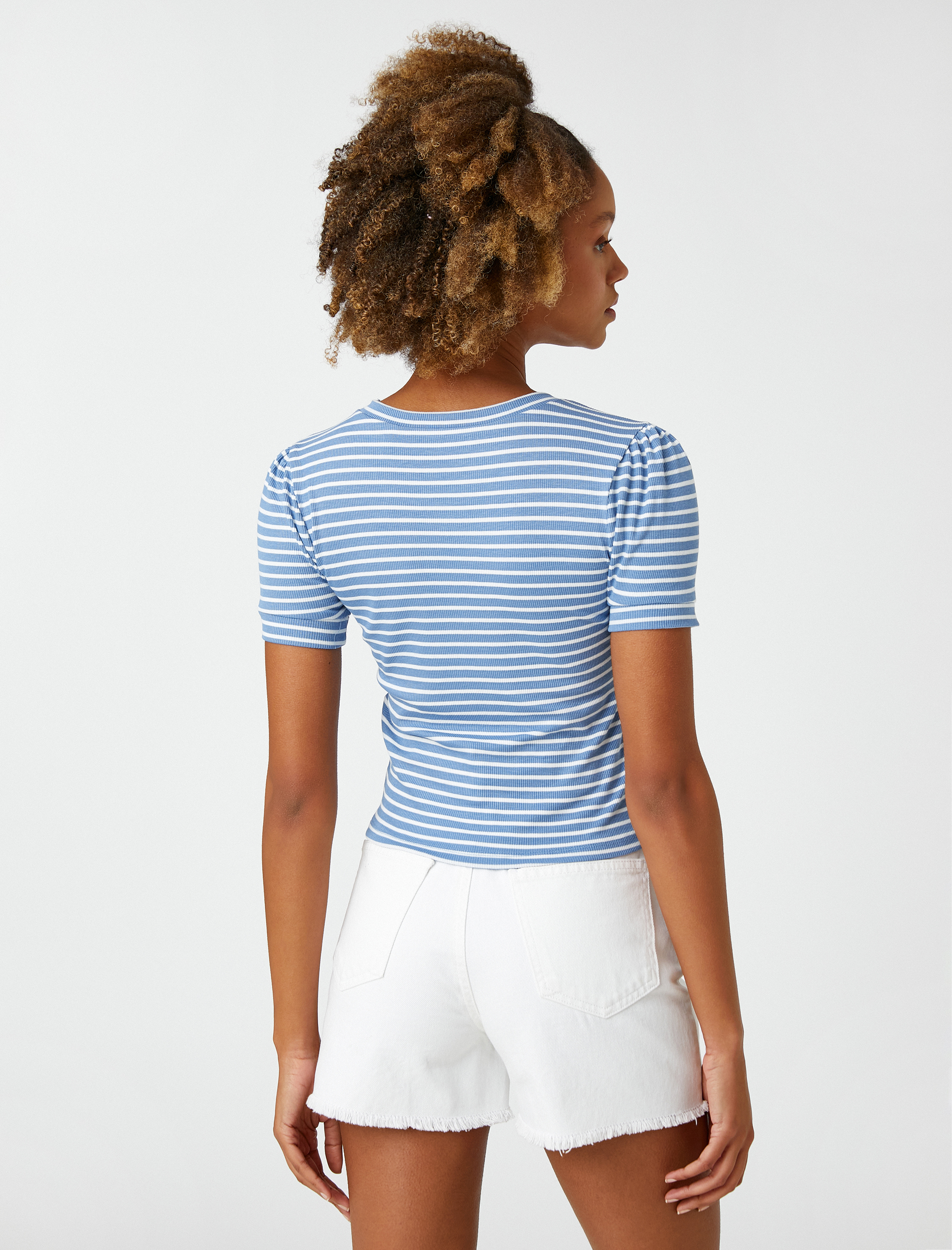   Bisiklet Yaka Tişört Kısa Kollu Fitilli Desenli